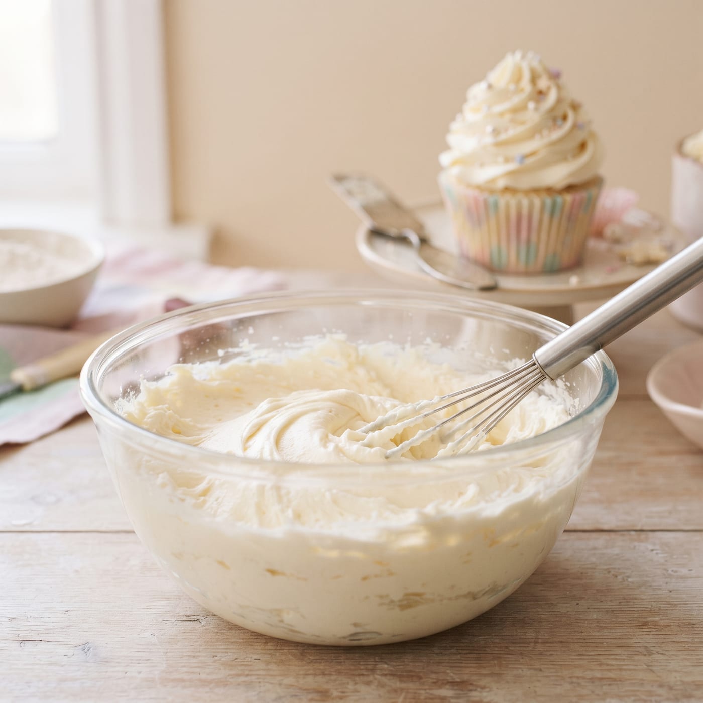 Hand mixer creaming soft butter and sugar into a smooth pale fluffy mixture in a glass bowl