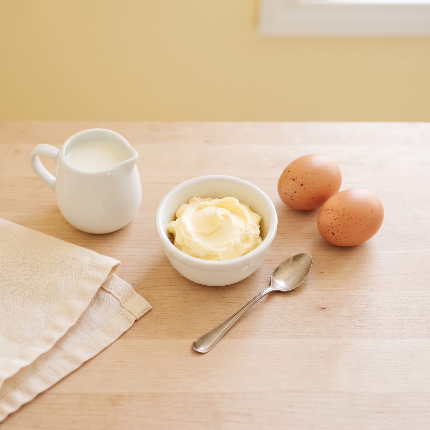 Bowl of soft room temperature butter, eggs, and milk on a light wood counter before mixing cupcake batter