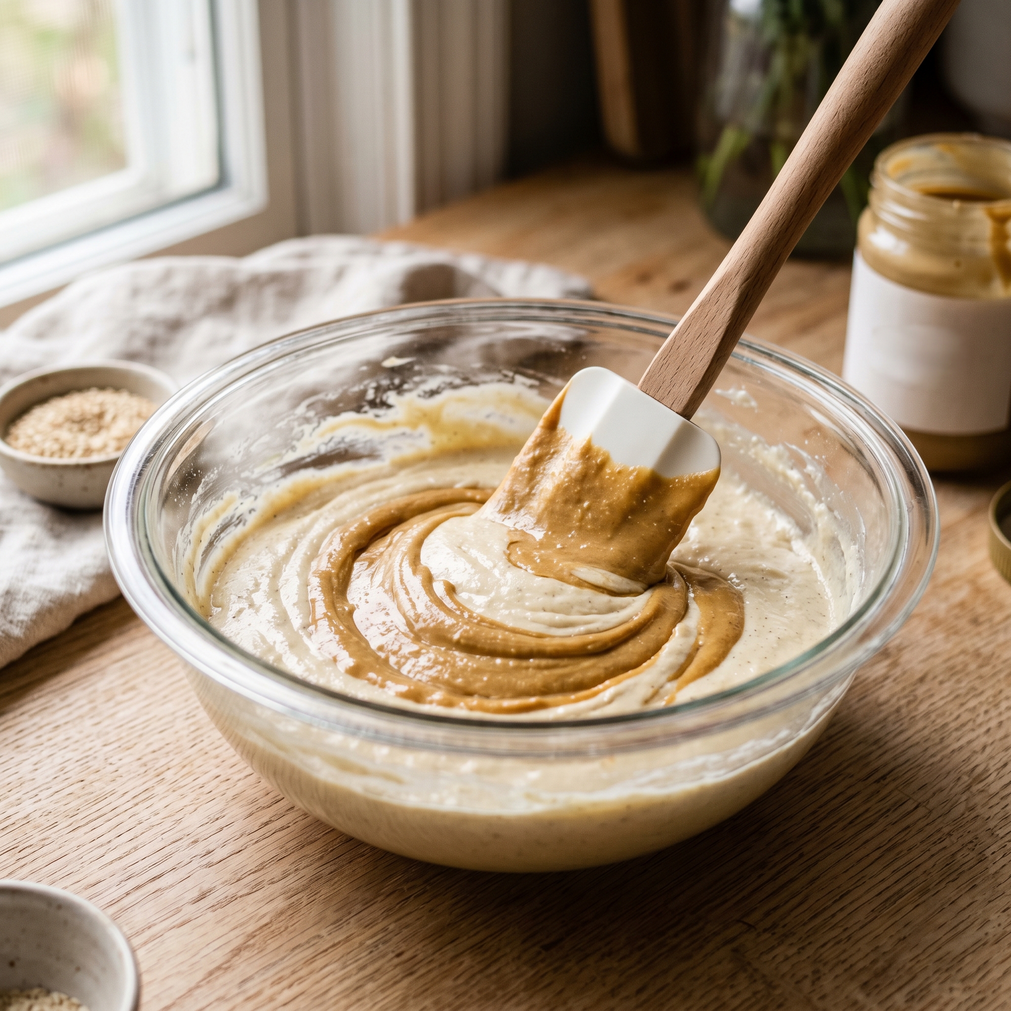 Tahini being swirled into pale cupcake batter in a glass mixing bowl on a light wood counter