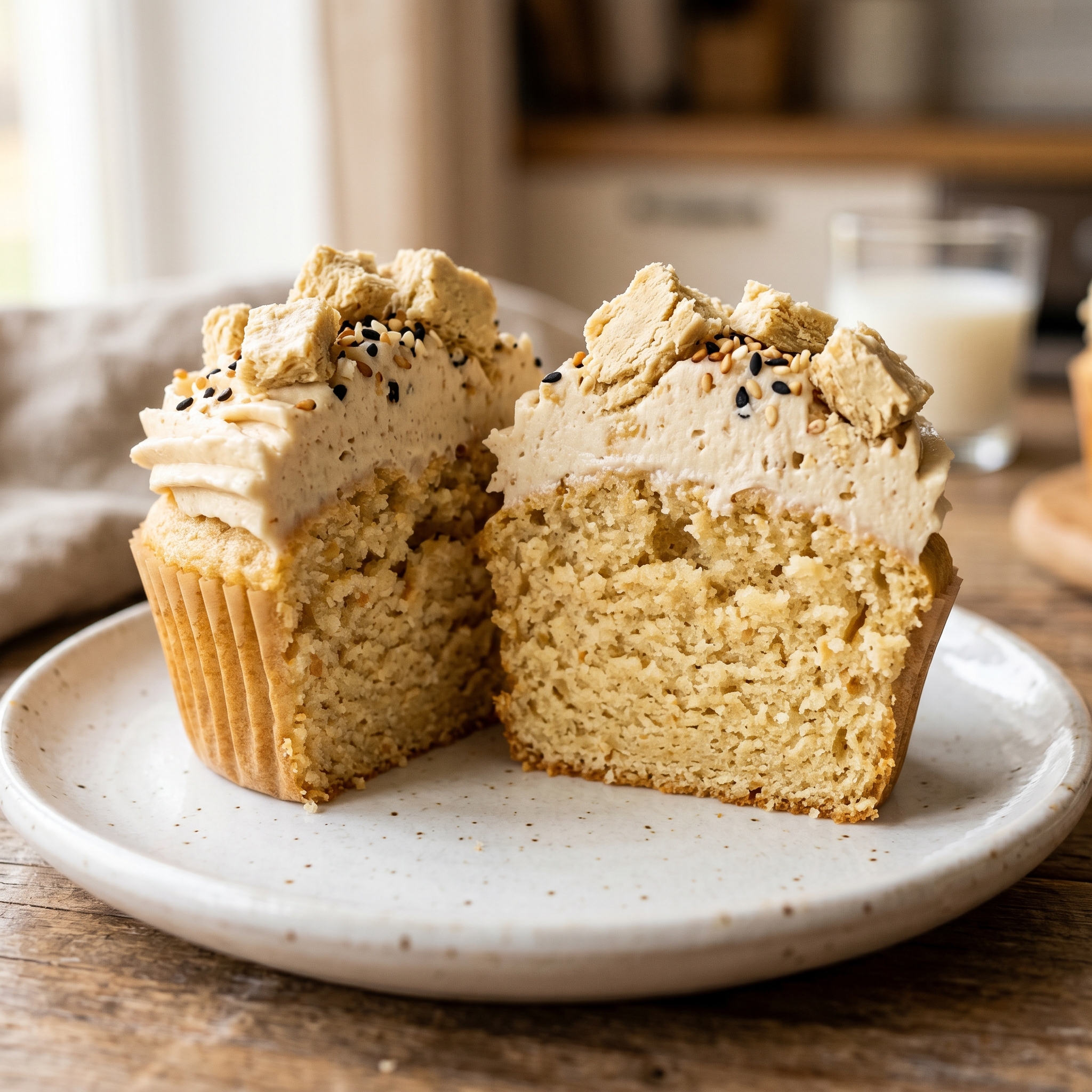 Close-up of a halva tahini cupcake cut in half showing the soft crumb inside and halva crumble topping