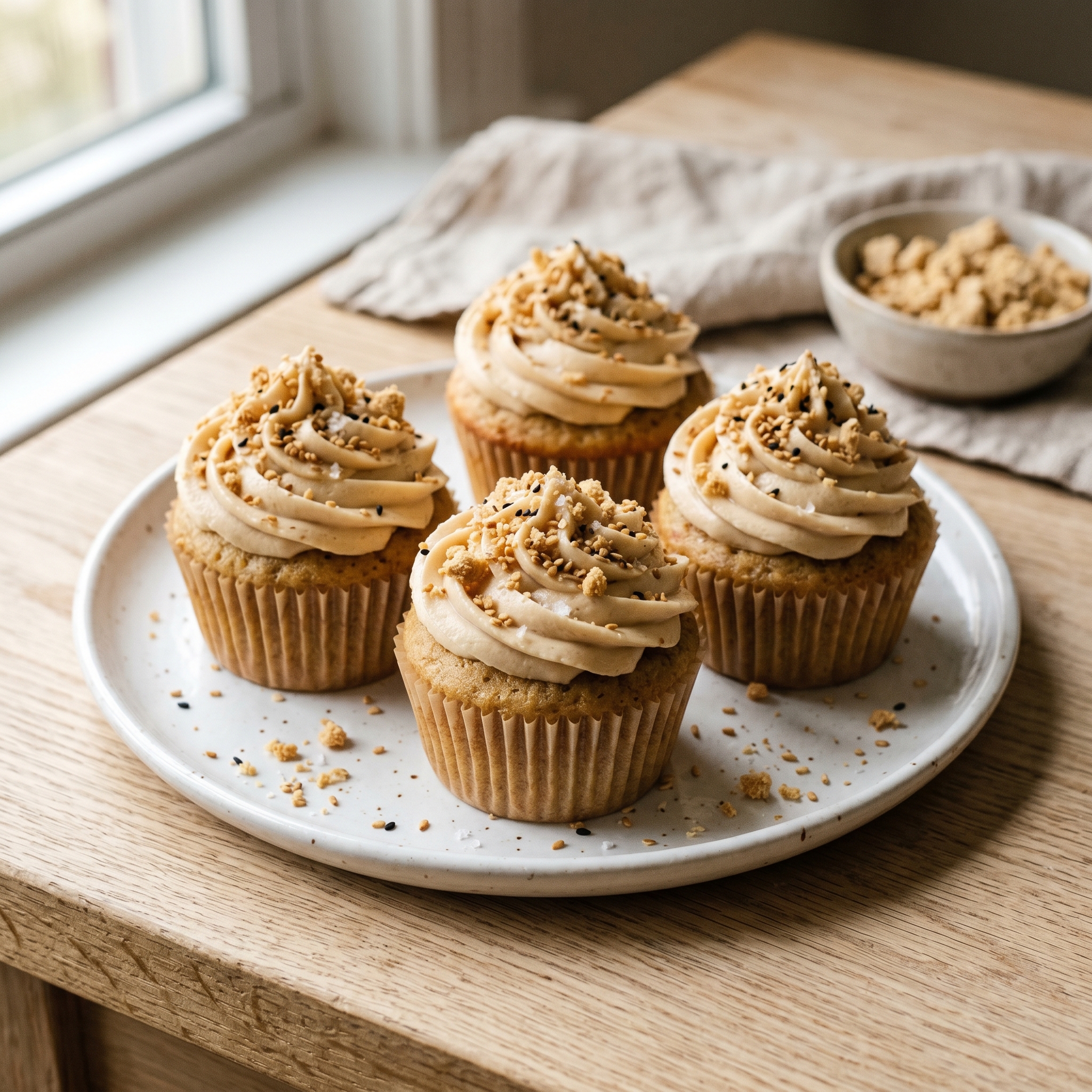 Four halva tahini cupcakes arranged on a white ceramic plate, topped with crumbled halva and toasted sesame seeds, soft natural light from the side