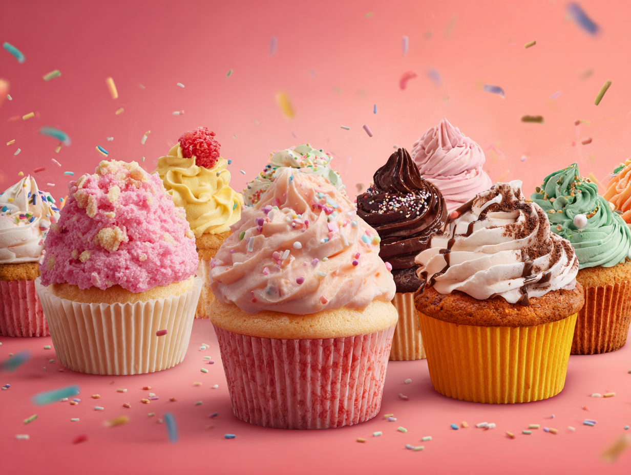 A vibrant assortment of frosted cupcakes on a pastel background