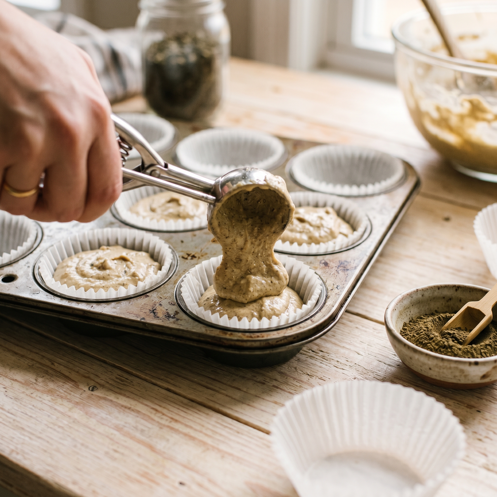 Hojicha cupcake batter being scooped into a lined muffin tin on a kitchen counter