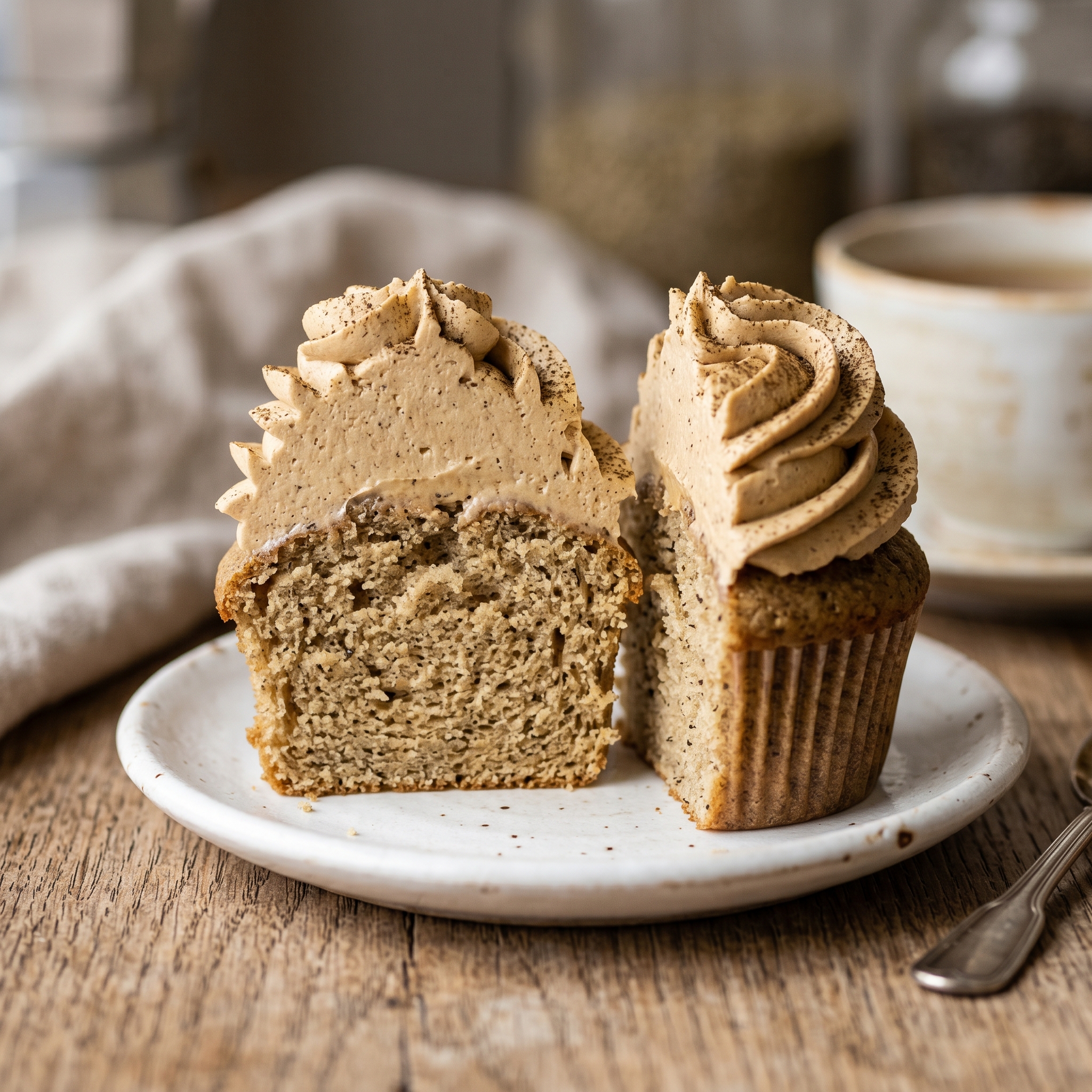 Single hojicha cupcake cut in half showing the tender crumb with a tan hojicha buttercream swirl on top