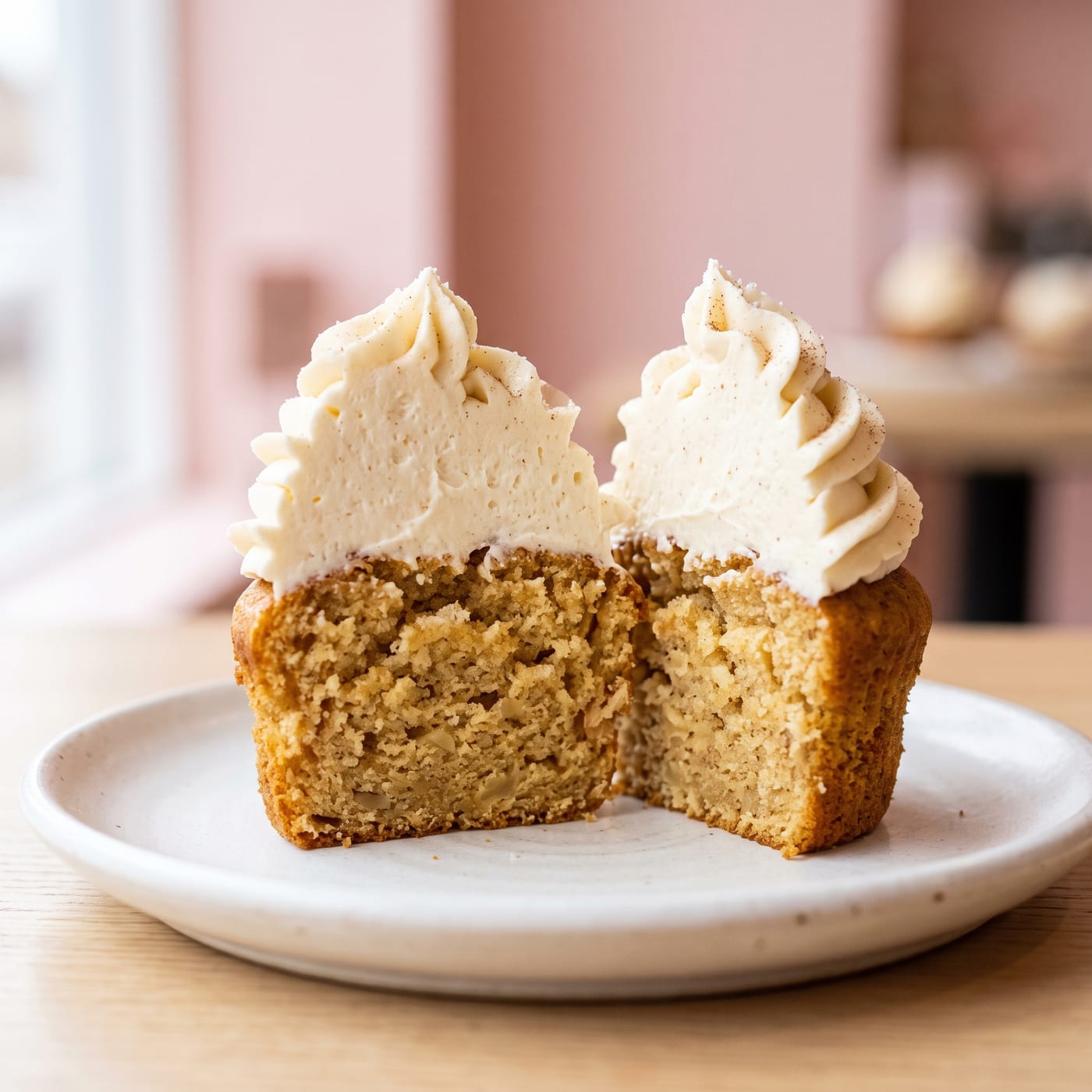 Close up of cupcake crumb showing grated apple flecks inside