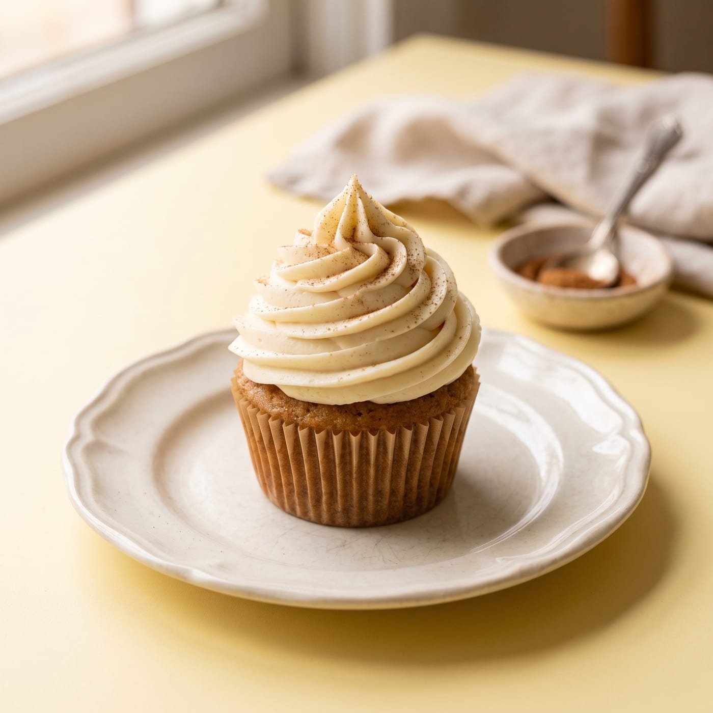 Honey apple cupcake with tall swirled vanilla frosting on a pastel butter yellow background