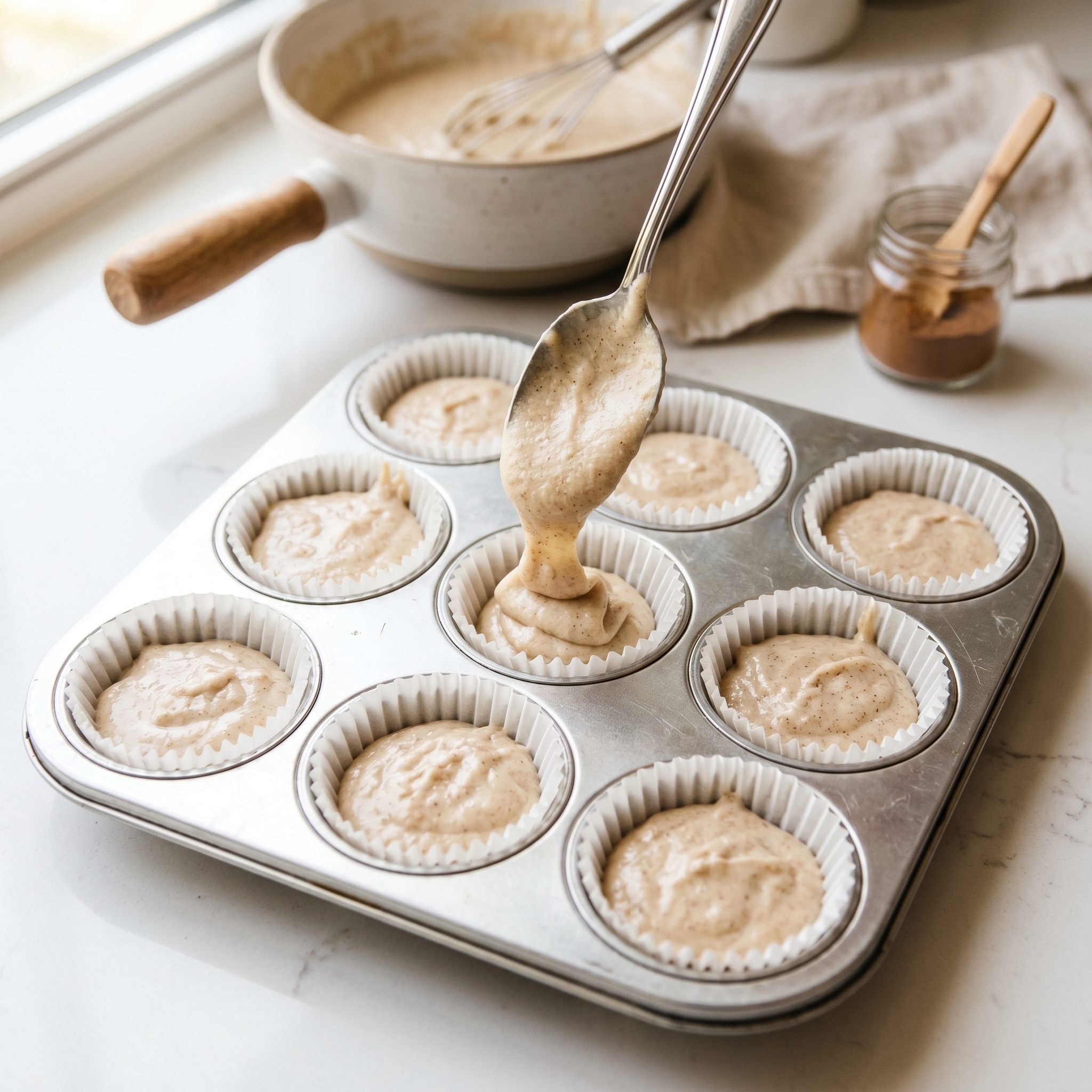 Horchata cupcake batter being poured into a lined muffin tin on a white kitchen counter