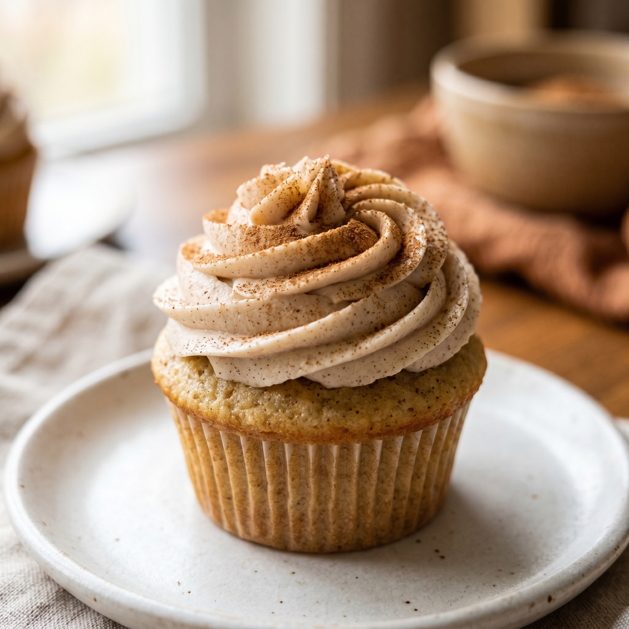 Close up of horchata cupcake frosting with a visible cinnamon swirl and fine cinnamon dust on top