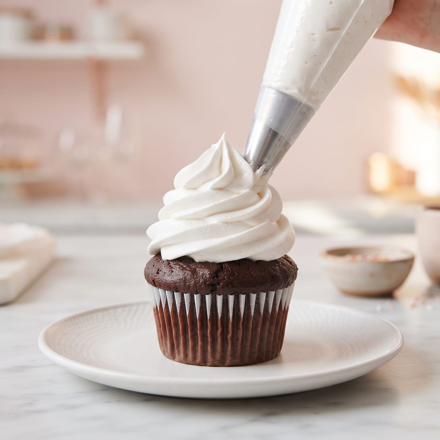 Marshmallow cream frosting being piped high onto a cocoa cupcake in a swirl shape
