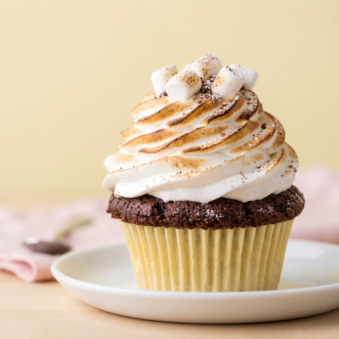Close up of toasted marshmallow swirl frosting on top of a cocoa cupcake showing light golden char marks