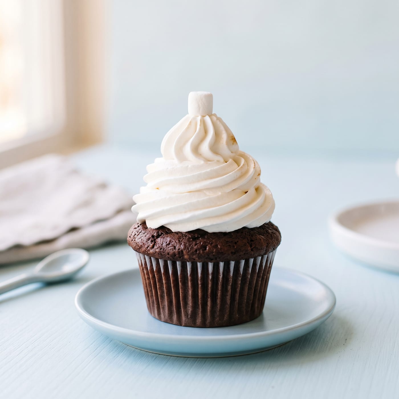 Chocolate cocoa cupcake topped with a tall swirled marshmallow frosting and a mini marshmallow on a pastel background