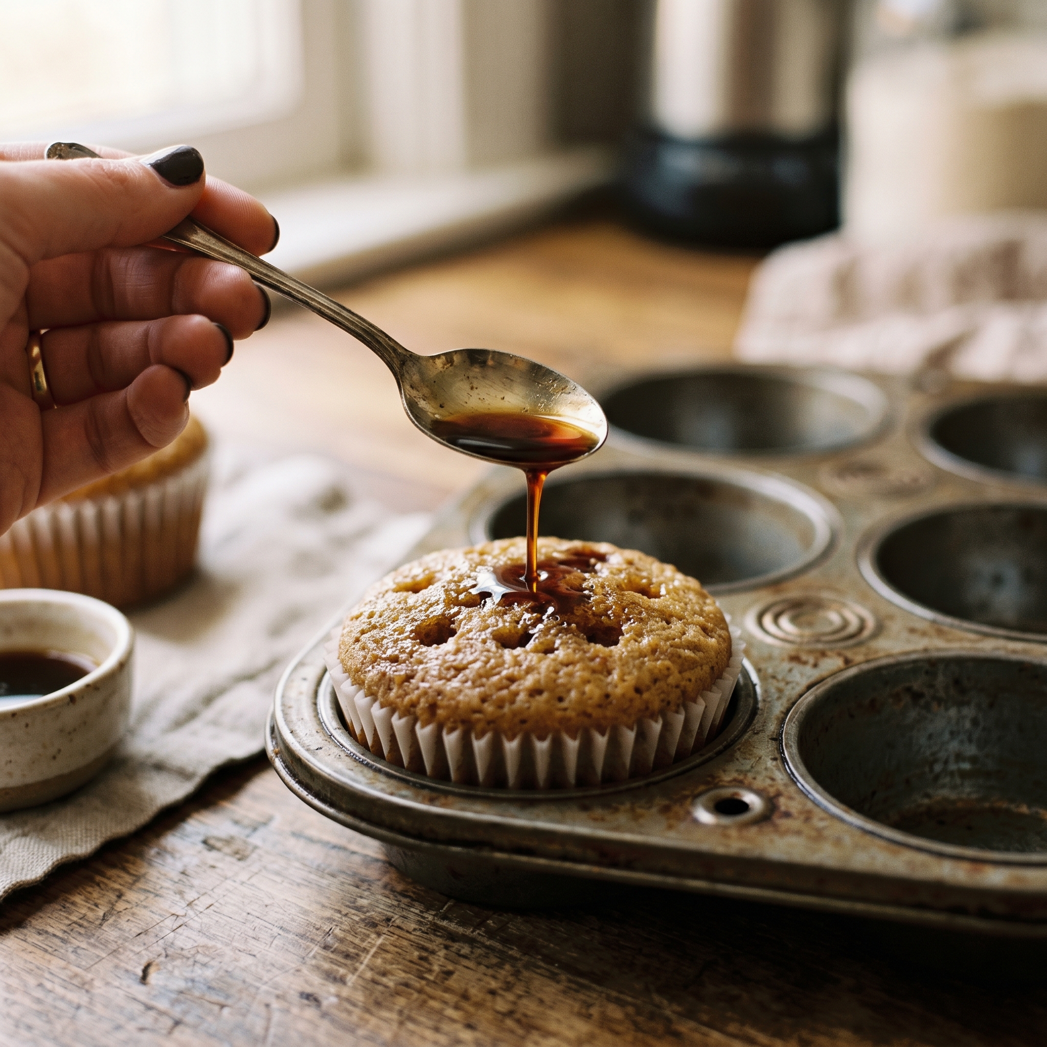 Whiskey coffee soak being spooned over warm cupcakes fresh from the oven with visible holes poked in the tops