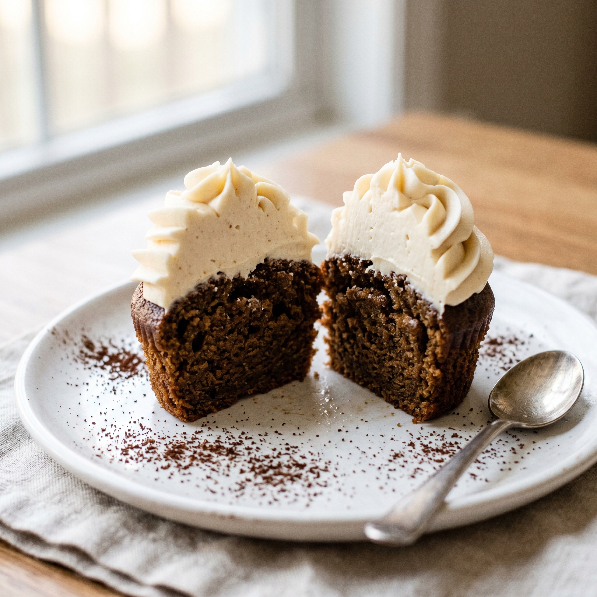 Cross-section of an Irish coffee cupcake showing the moist espresso crumb and thick Irish cream frosting layer on top