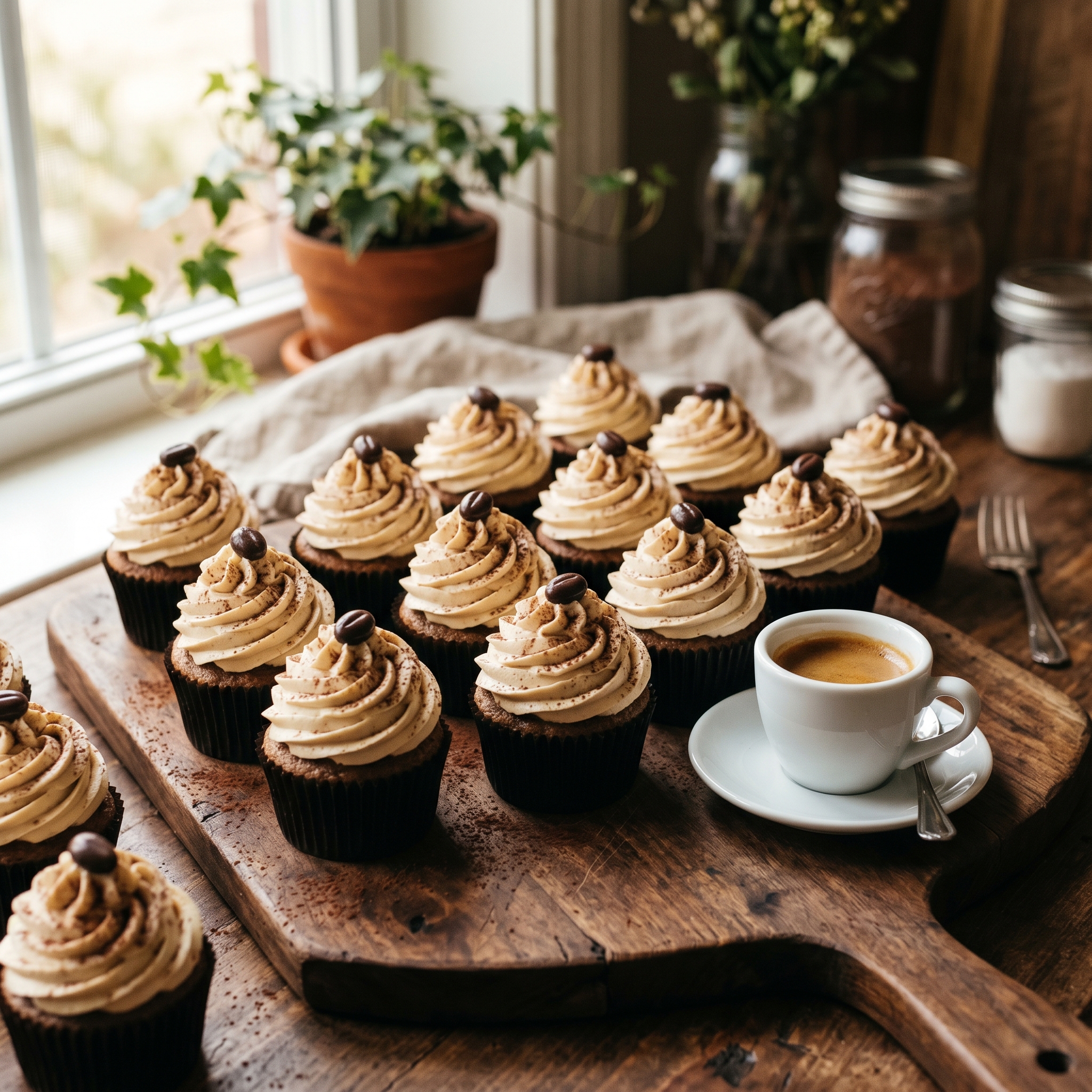 Irish coffee cupcakes with swirled Irish cream frosting, dusted with cocoa powder and topped with espresso beans, arranged on a dark wood board with a small cup of espresso beside them