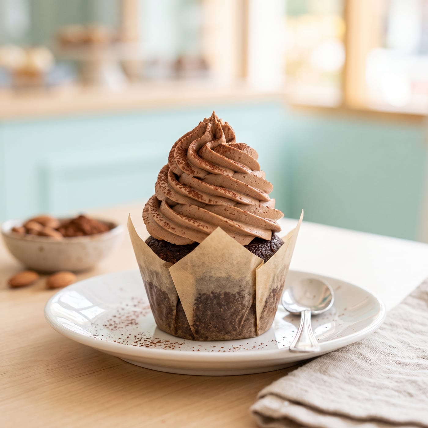Keto almond mocha cupcake with tall mocha cream swirl frosting on a pale aqua background