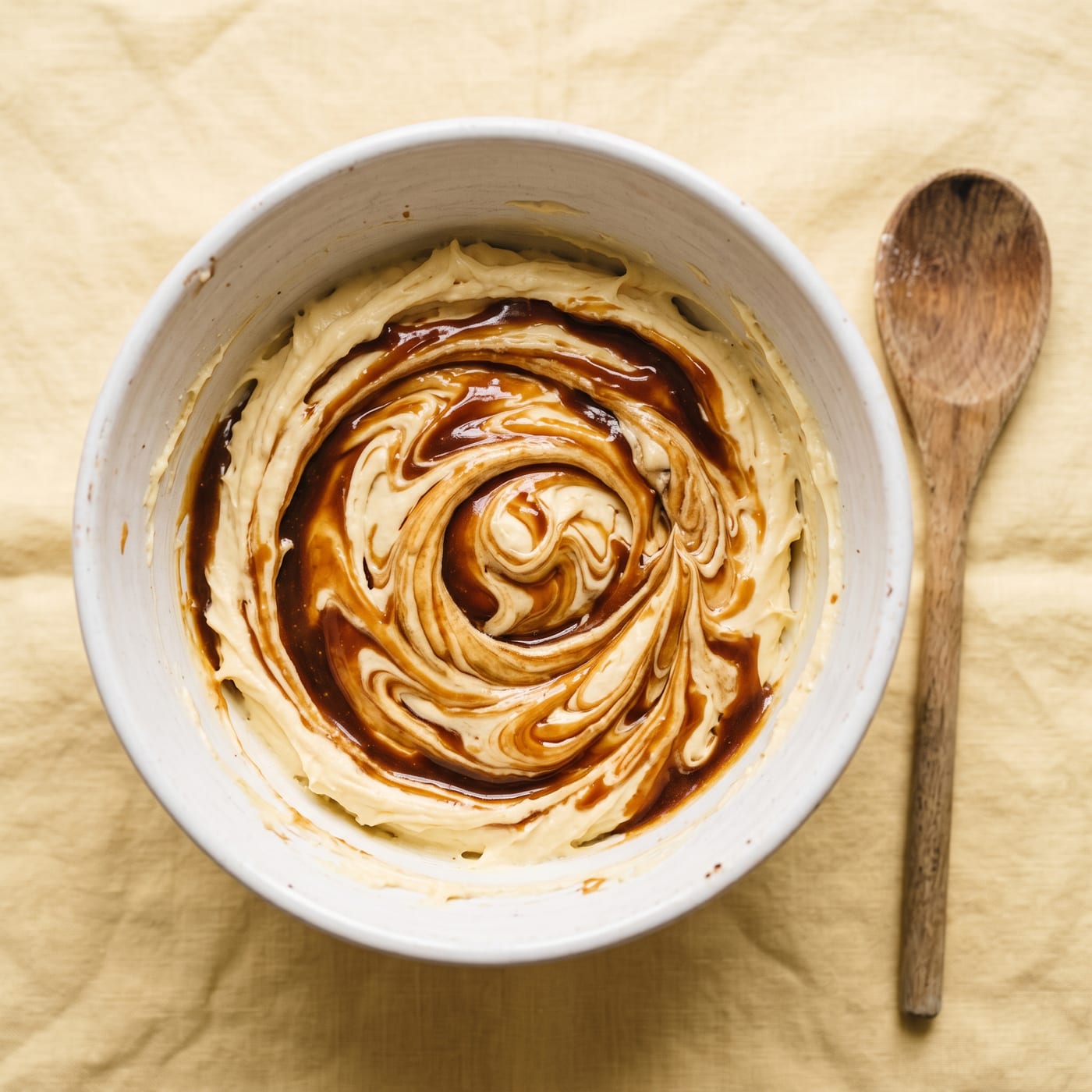Caramel sauce being folded into butter frosting to create a swirl pattern in a mixing bowl
