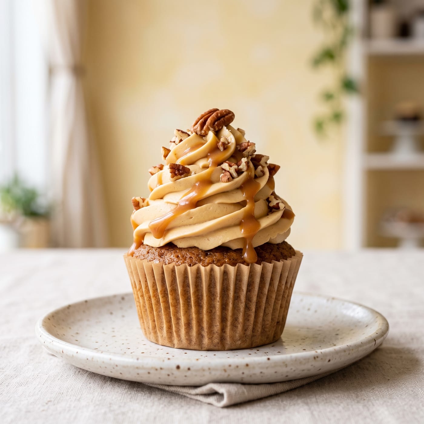 Keto caramel pecan swirl cupcake with tall frosting swirl, caramel drizzle, and chopped pecans on top