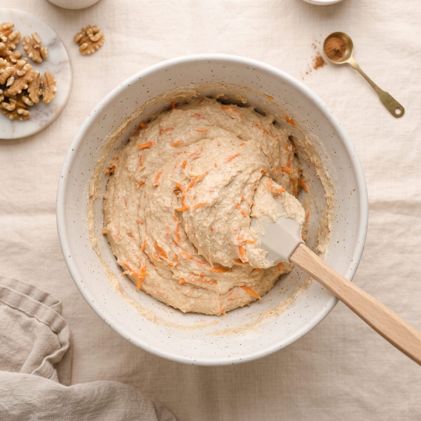 Bowl of finely grated carrot being folded into keto cupcake batter