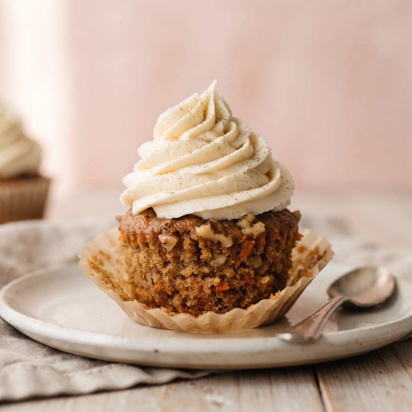 Close up of cream cheese frosting swirl on a keto carrot cake cupcake showing texture
