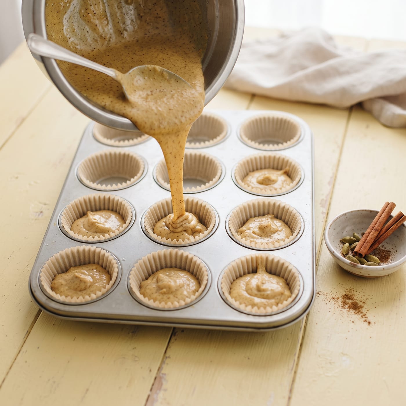 Chai spiced cupcake batter being poured into paper liners in a muffin tin