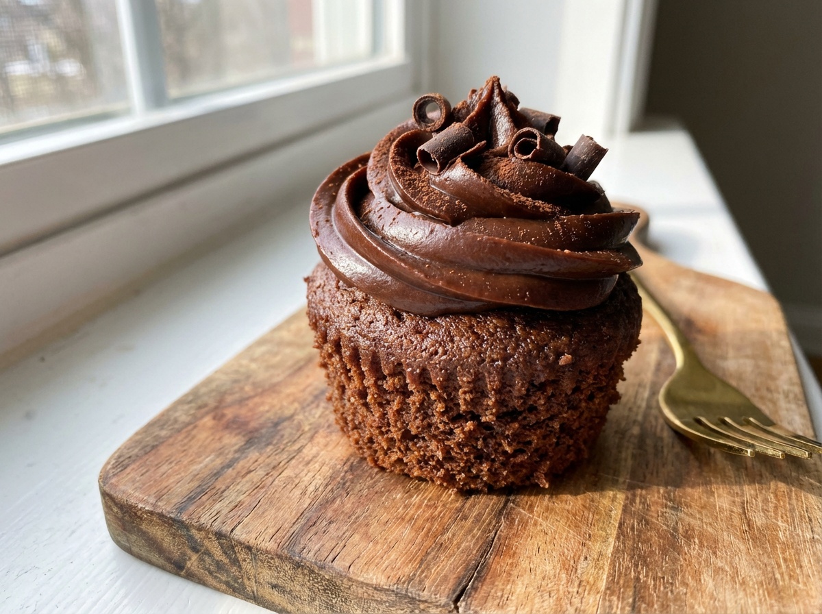 Keto Chocolate Truffle Cupcakes – close-up detail showing rich chocolate ganache texture and smooth frosting swirl