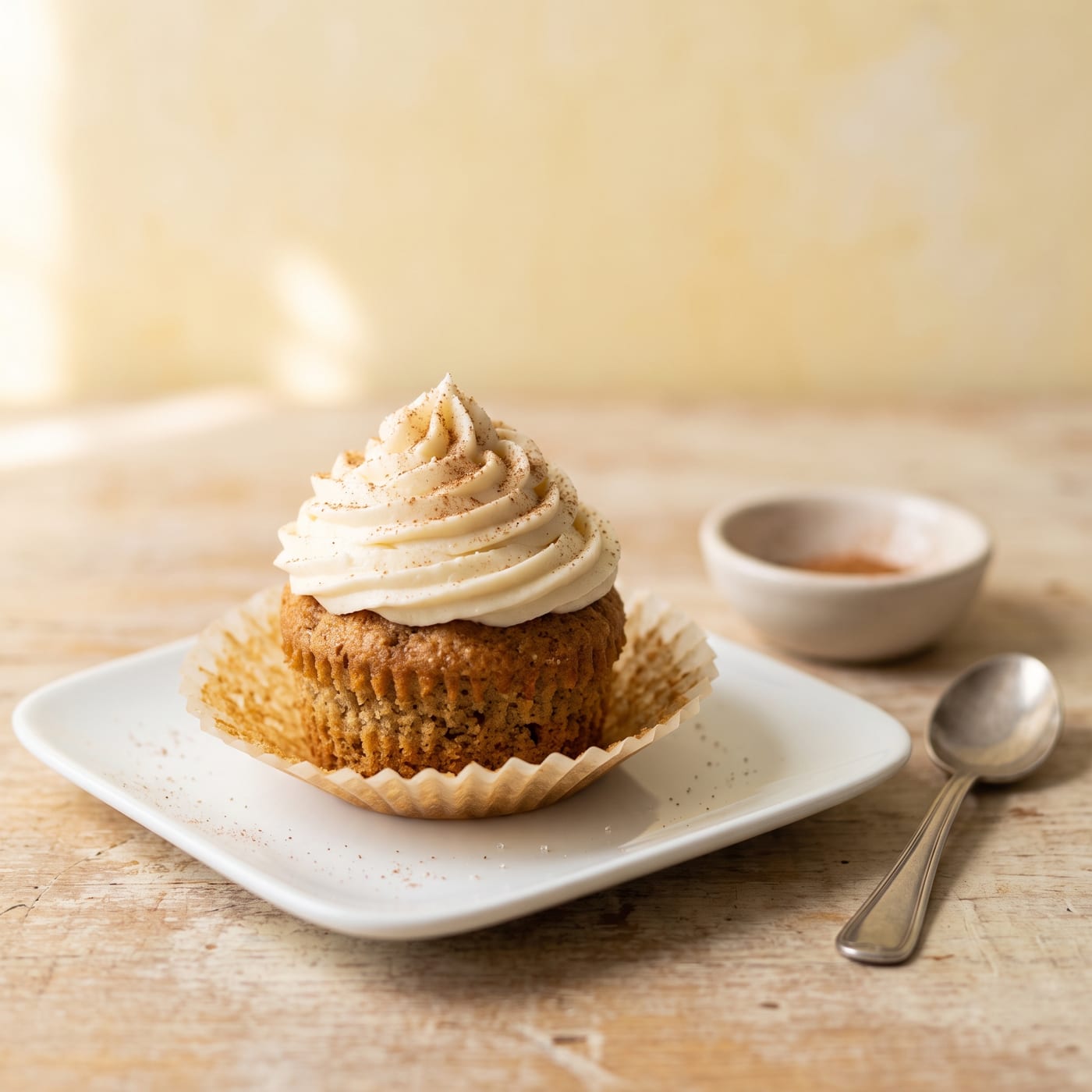 Keto cinnamon roll cupcake with tall swirled vanilla cream frosting and cinnamon dusting on a pastel background
