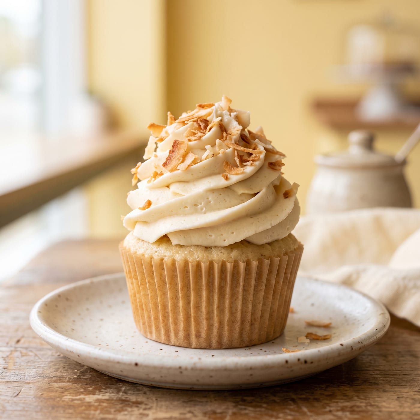 Close up of coconut vanilla frosting swirl with toasted coconut flakes on a keto cupcake