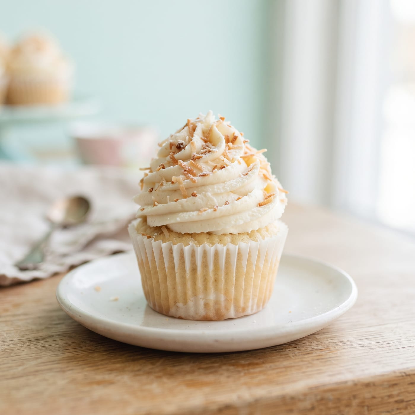 Keto coconut cupcake with tall swirled coconut vanilla frosting and toasted coconut flakes on top