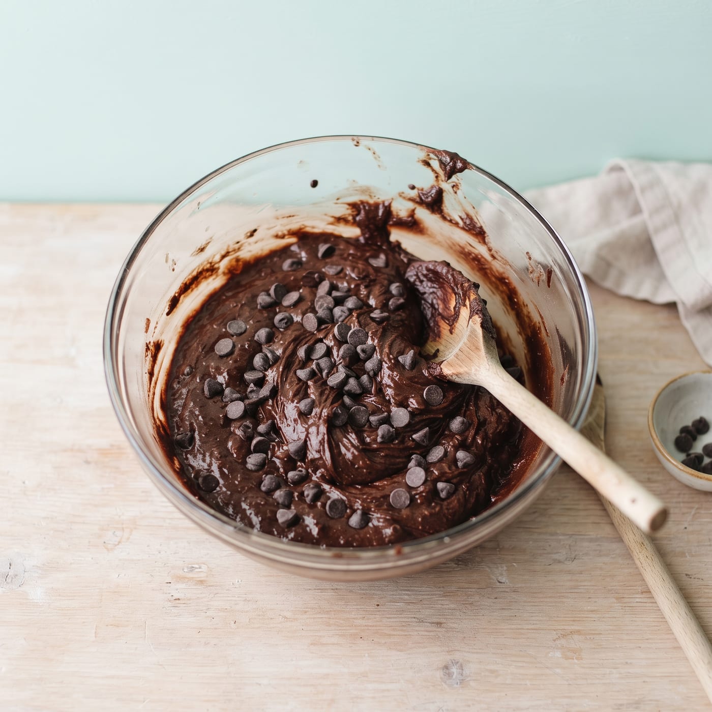 Cocoa cupcake batter with sugar free chocolate chips being folded in a glass mixing bowl