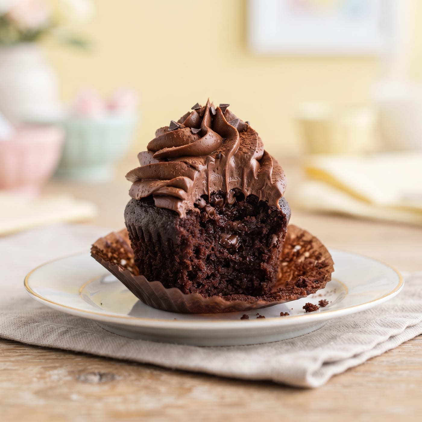 Close up of chocolate swirl frosting texture on a keto cupcake with a bite taken out