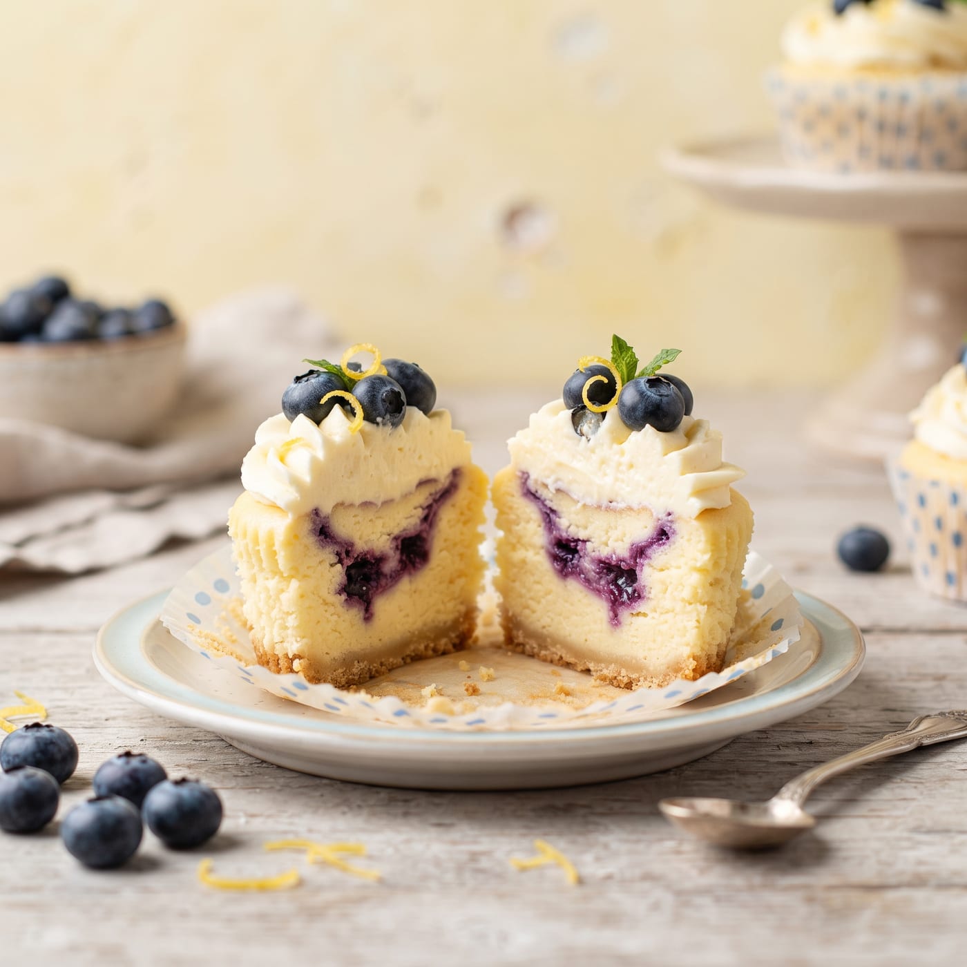 Close up cross section of a keto cheesecake cupcake showing creamy texture and blueberry swirl