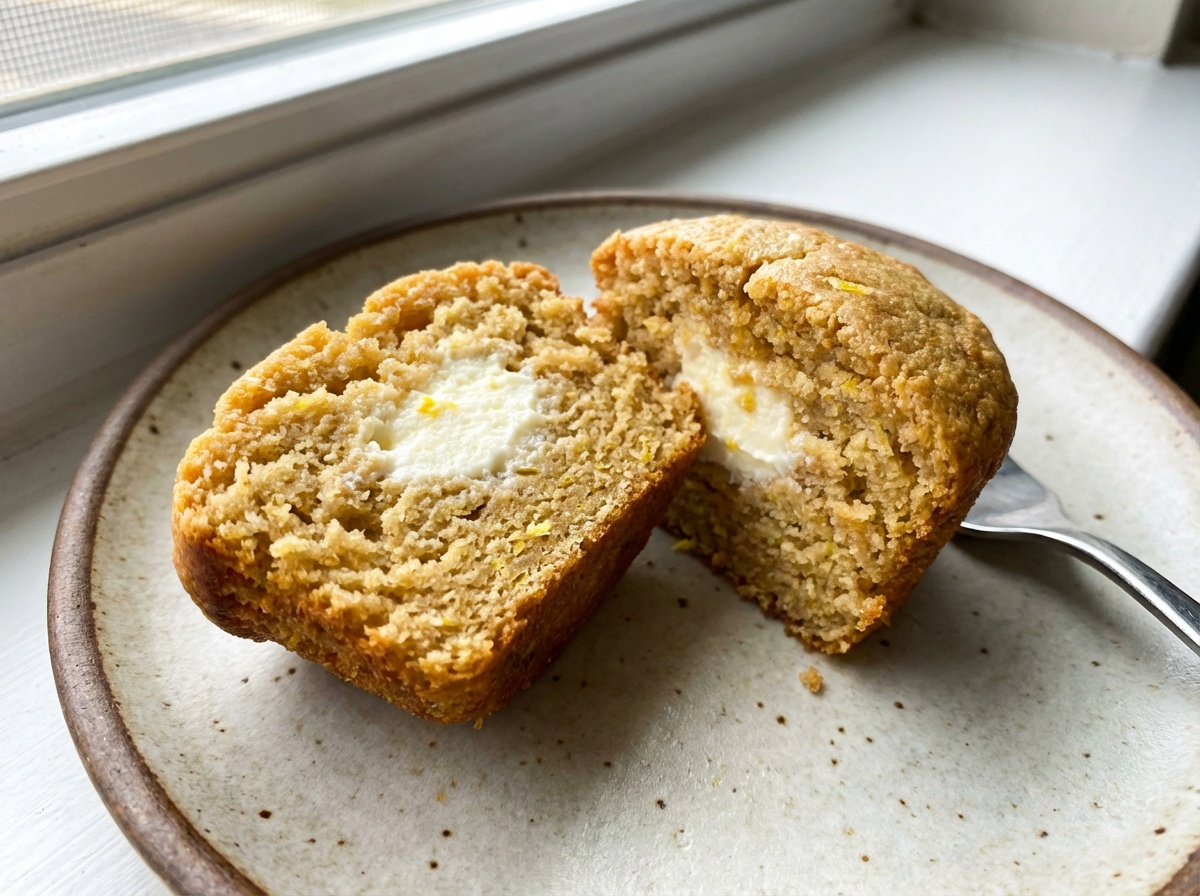 Keto Lemon Ricotta Cupcakes – cross-section showing moist almond flour crumb and creamy ricotta filling