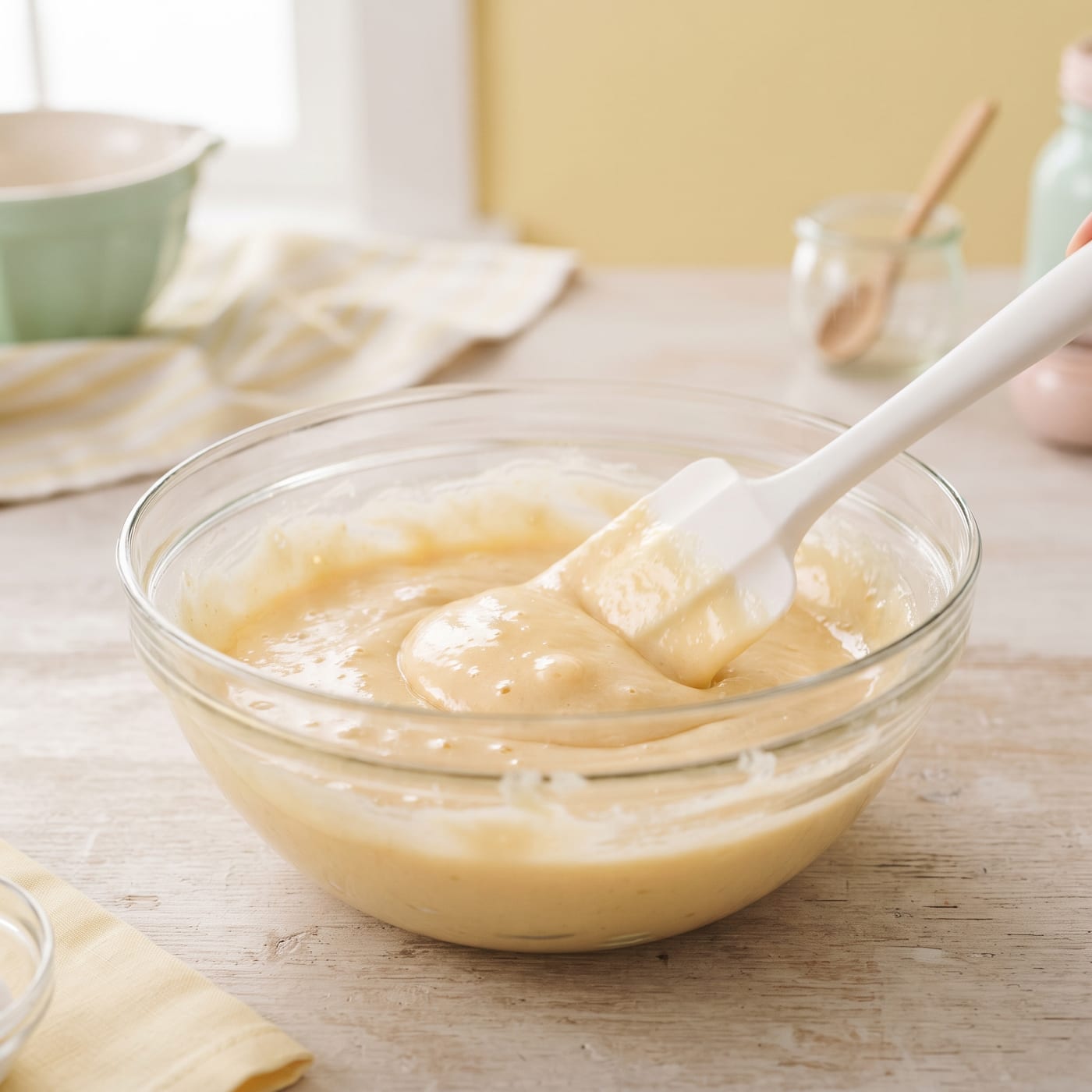 Melted butter and erythritol batter being mixed in a glass bowl for keto maple cupcakes