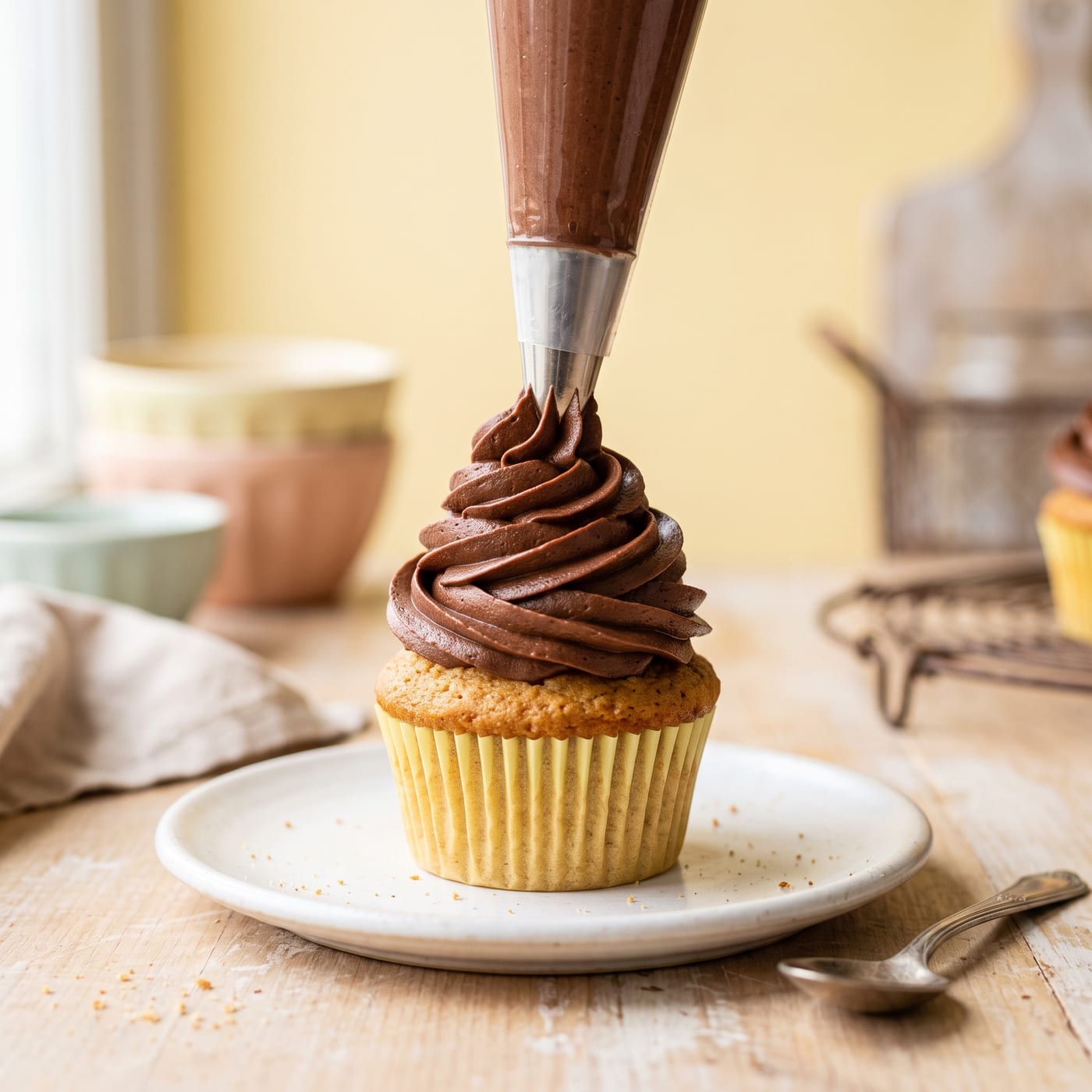 Piping chocolate buttercream swirl onto a peanut butter cupcake