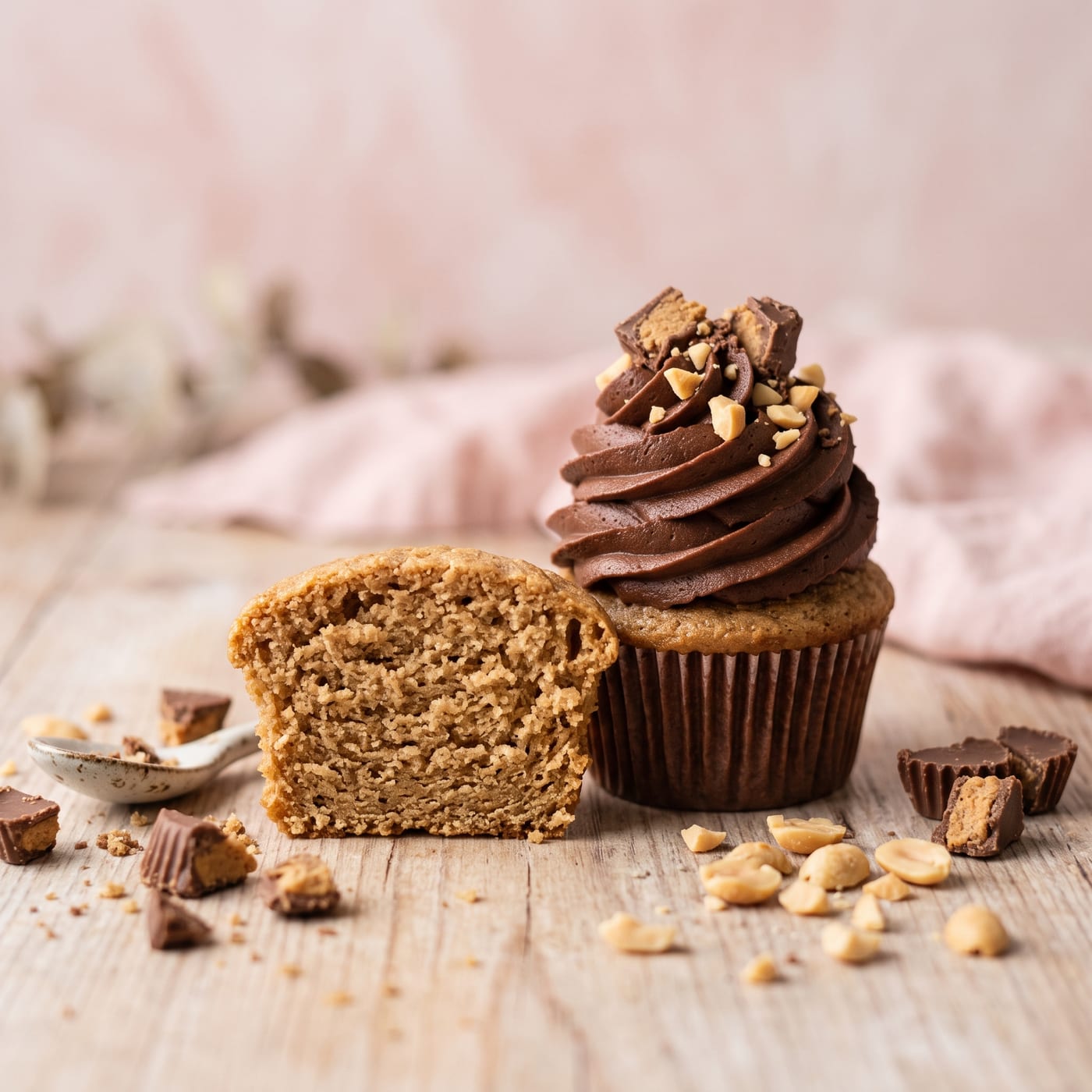 Close up of cupcake crumb showing soft peanut butter texture and chocolate swirl