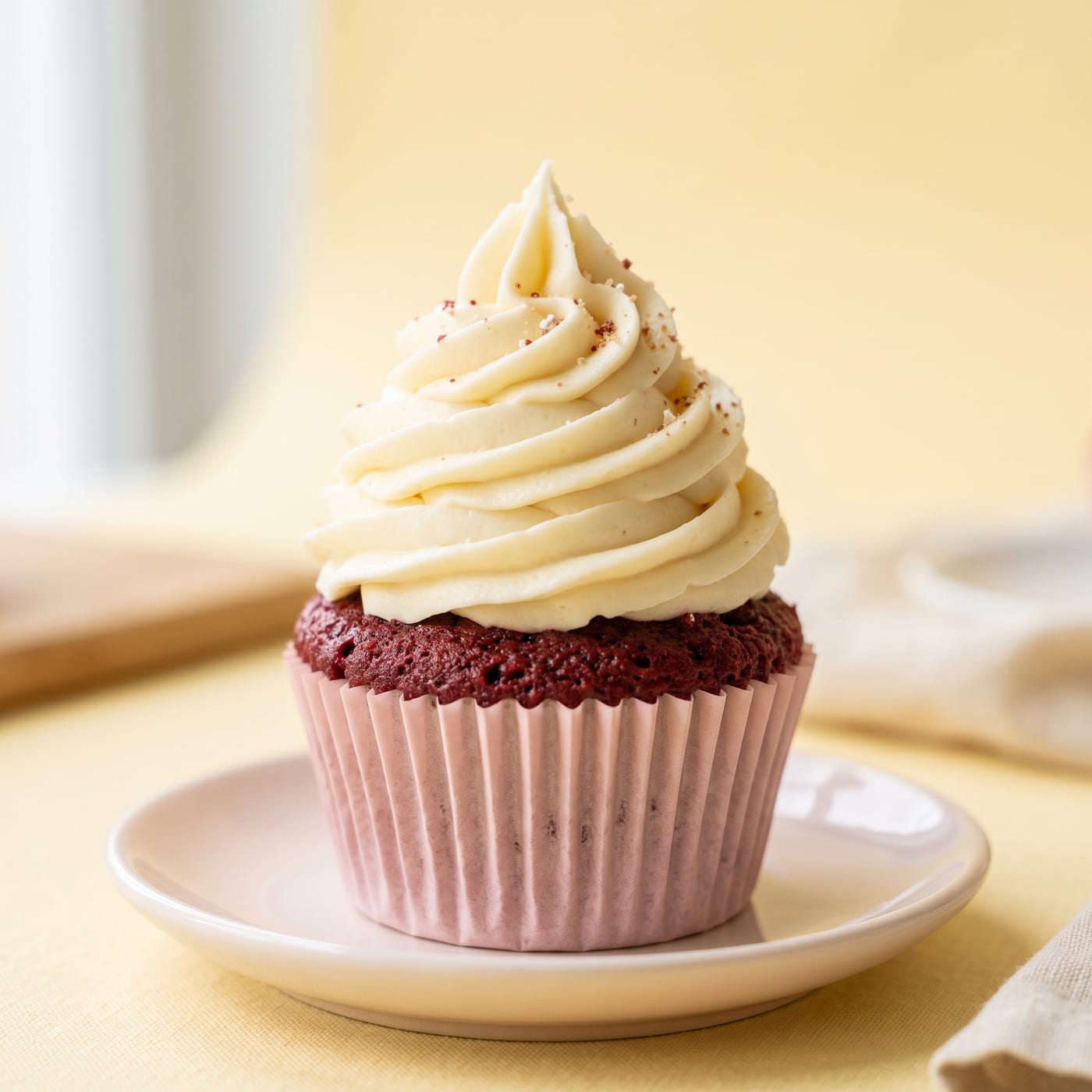 Close up of cream cheese frosting swirl on a keto red velvet cupcake