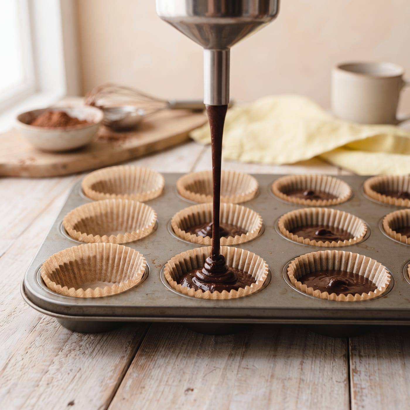 Espresso cupcake batter being poured into a lined muffin pan