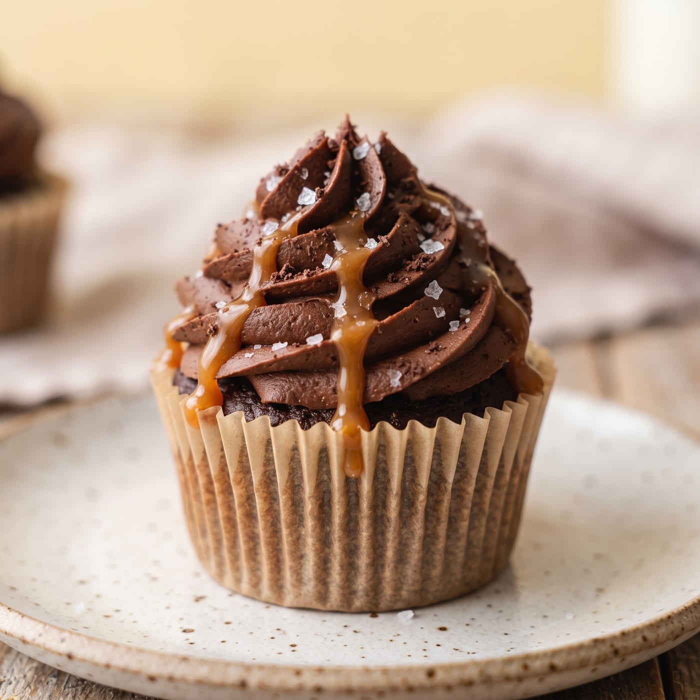 Close up of chocolate frosting swirl with sugar-free caramel drizzle and flaky salt