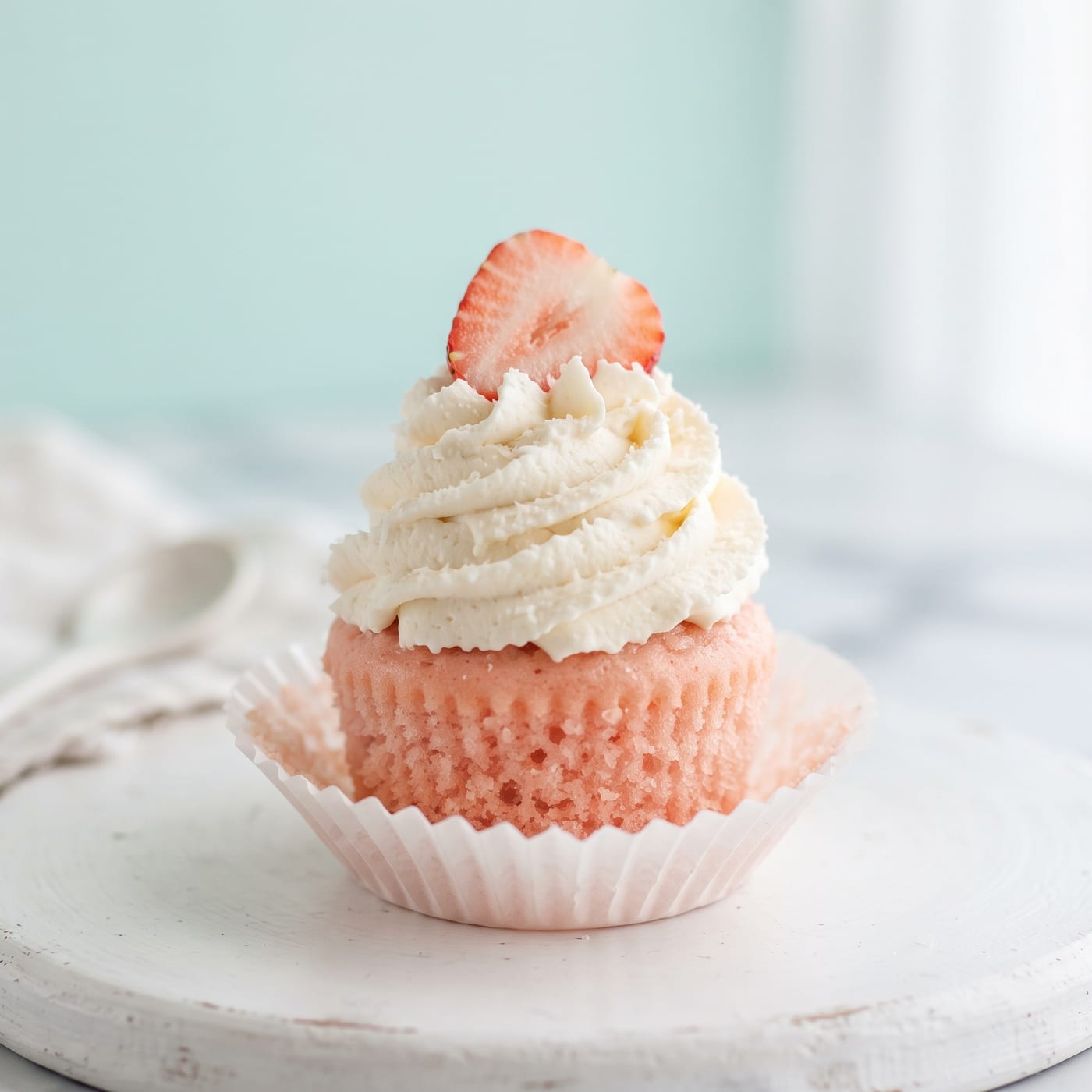 Close up of whipped cheesecake frosting swirl with a strawberry slice showing soft texture