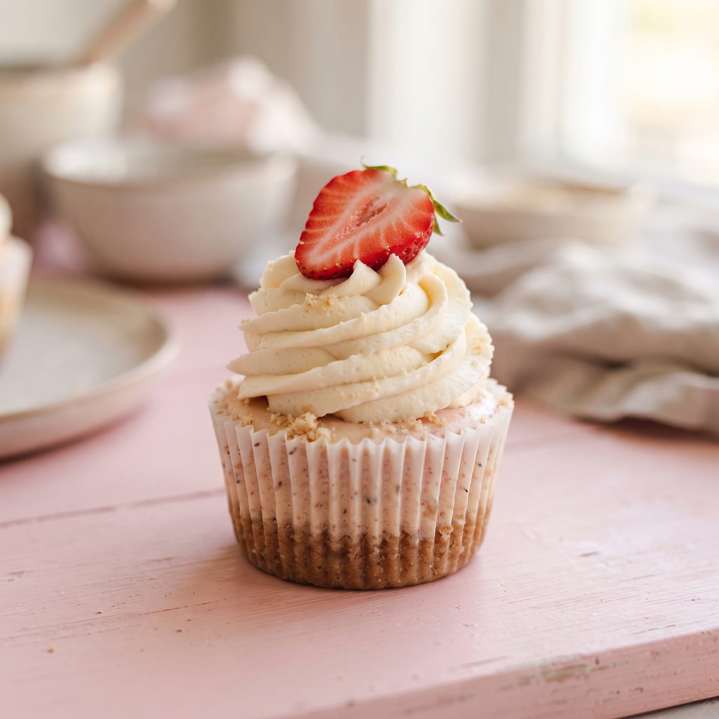 Keto strawberry cheesecake cupcake with tall swirled cream cheese frosting and a fresh strawberry slice on top
