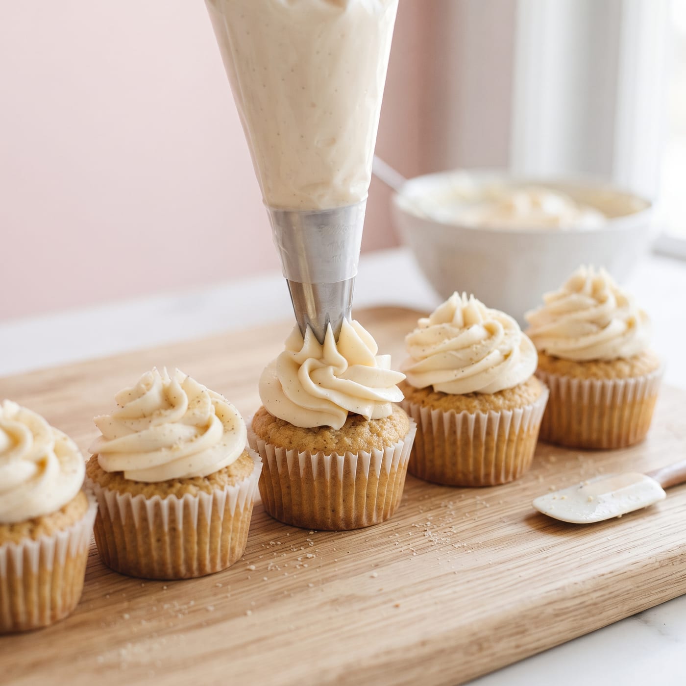 Piping a smooth cream cheese swirl onto a keto almond cupcake with a star tip