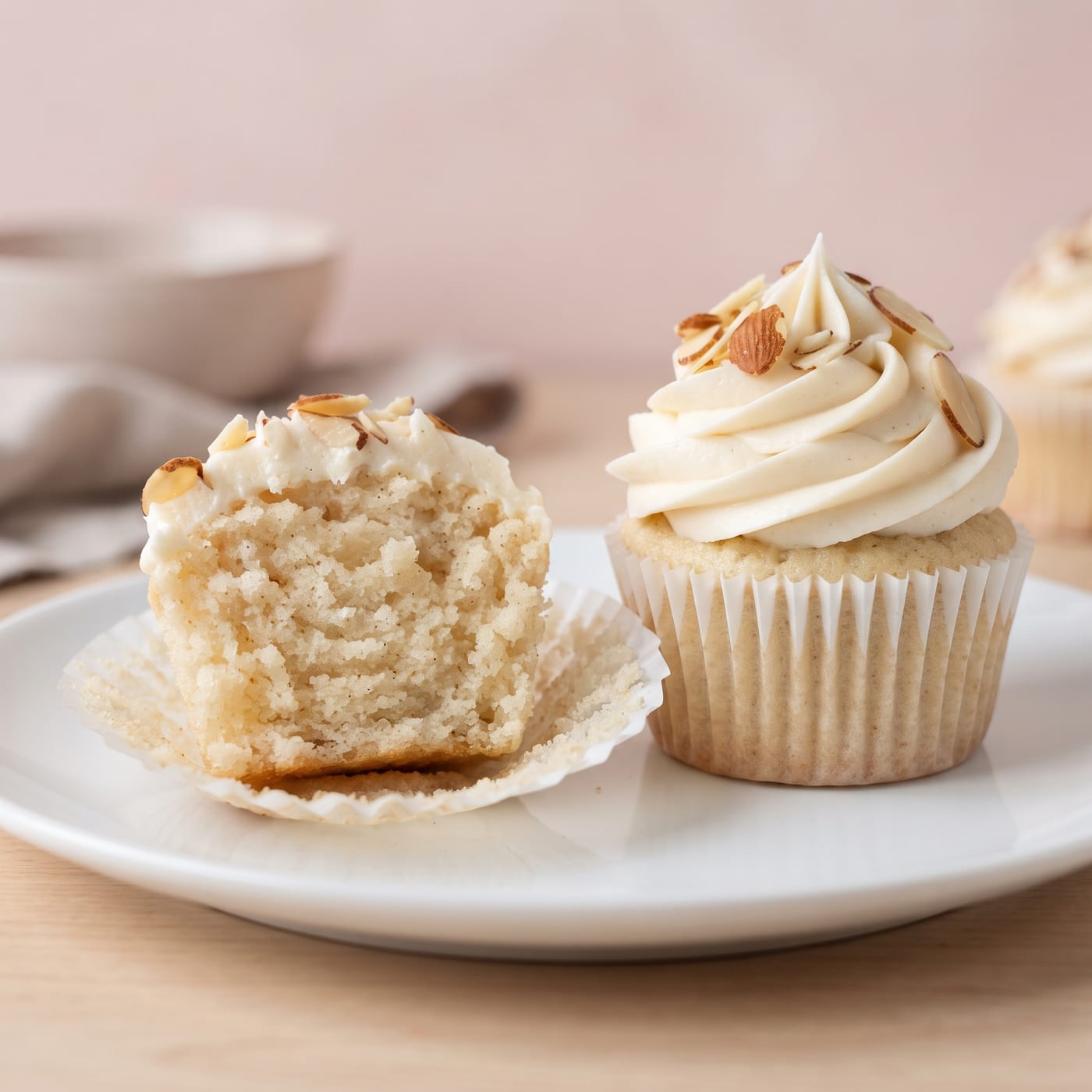 Close up of almond flour cupcake crumb next to a swirled frosting cupcake