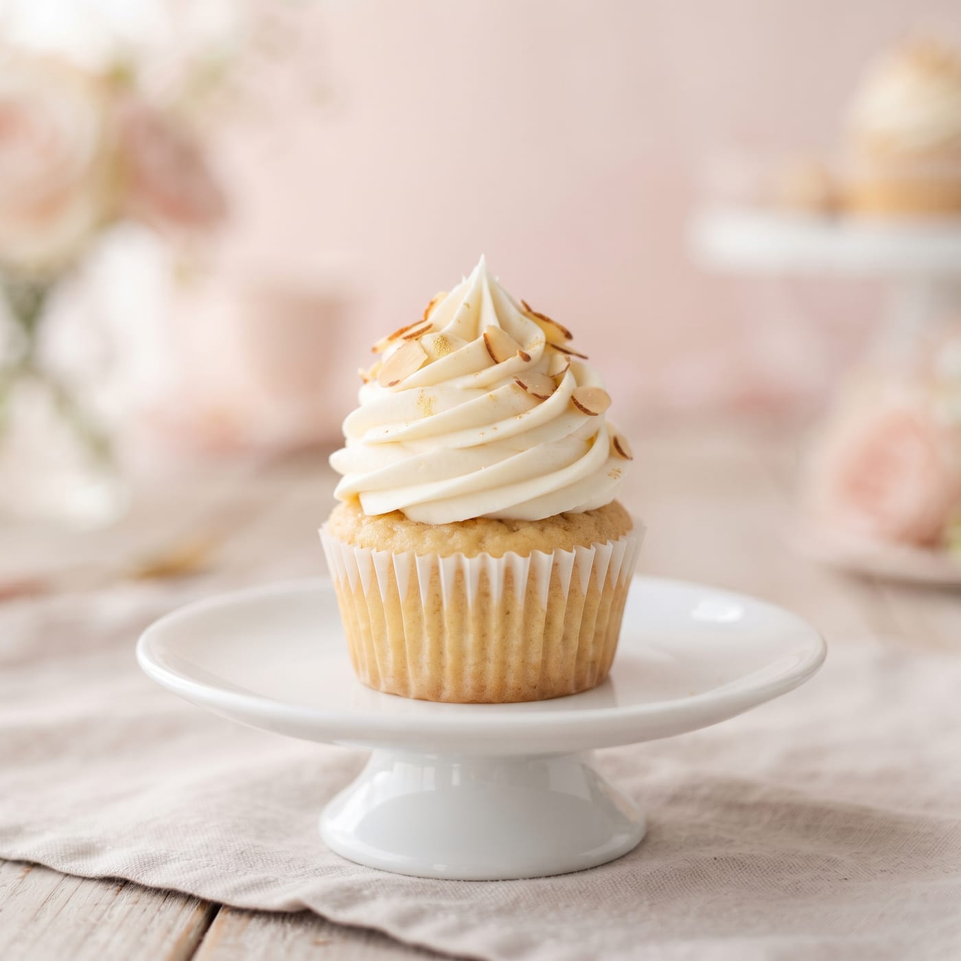Keto vanilla almond wedding cupcake with a tall smooth cream cheese swirl on a blush pink background