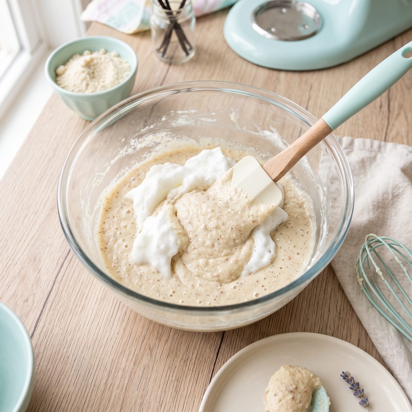 Folding whipped egg whites into almond flour cupcake batter in a glass bowl
