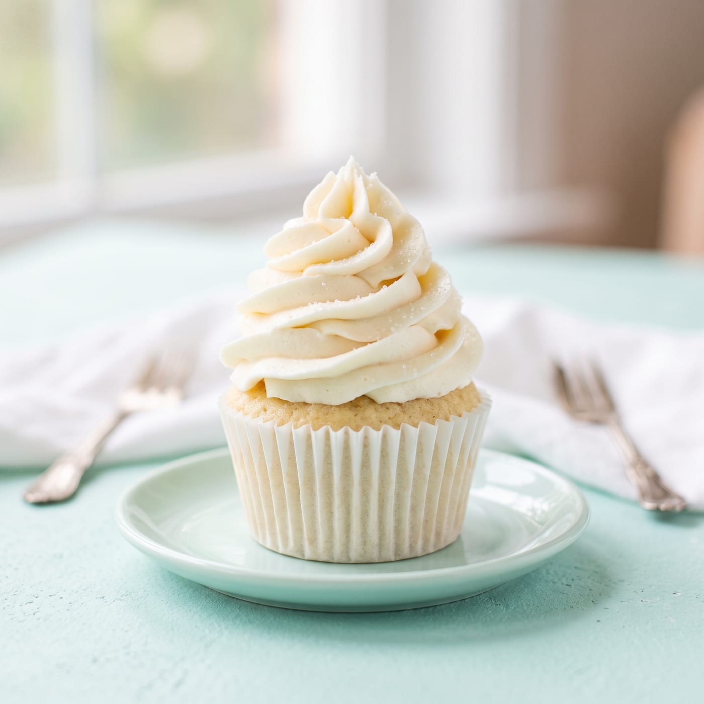 Keto vanilla cupcake with tall swirled buttercream frosting on a pale aqua background