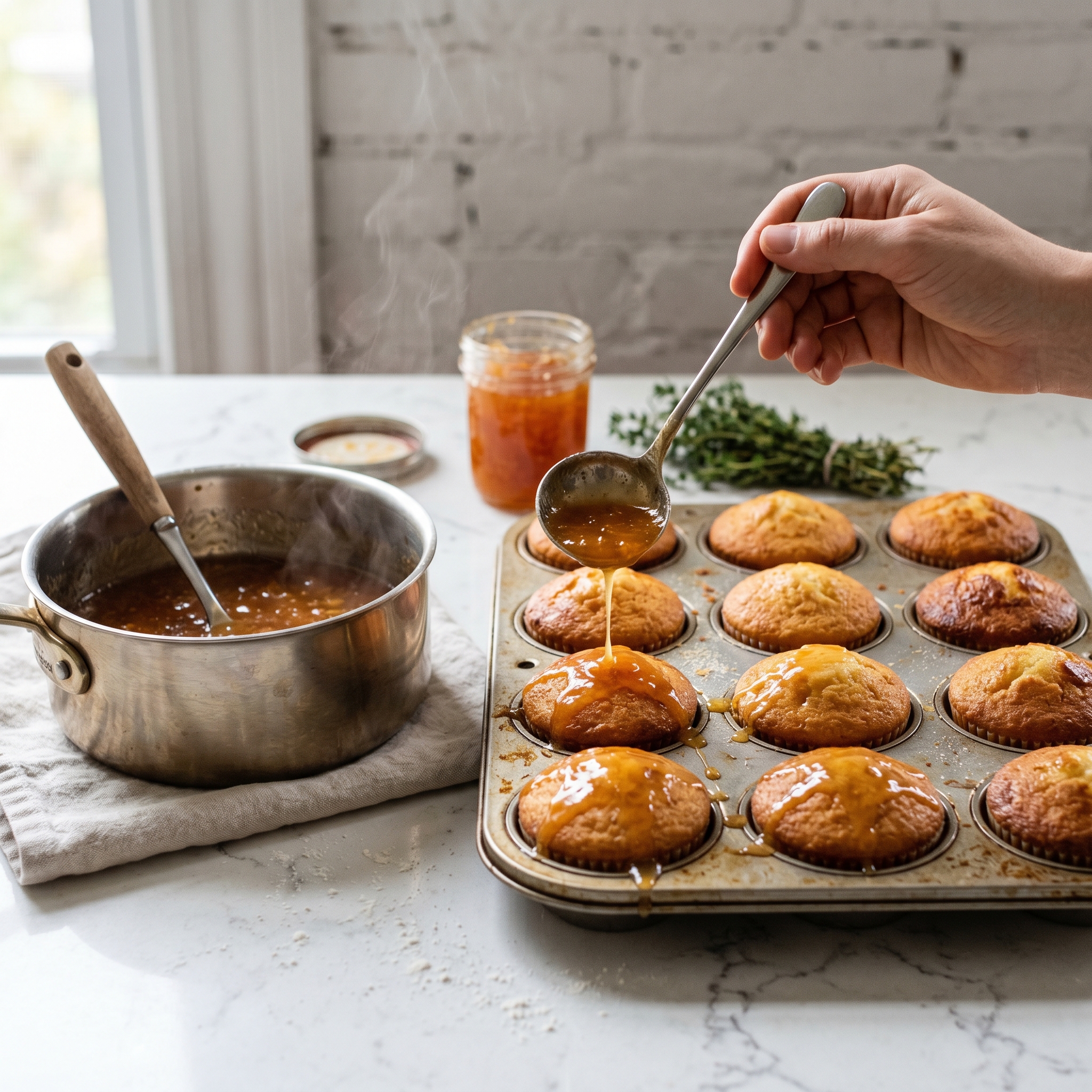 Warm apricot jam butter sauce being spooned over freshly baked malva pudding cupcakes still in the tin