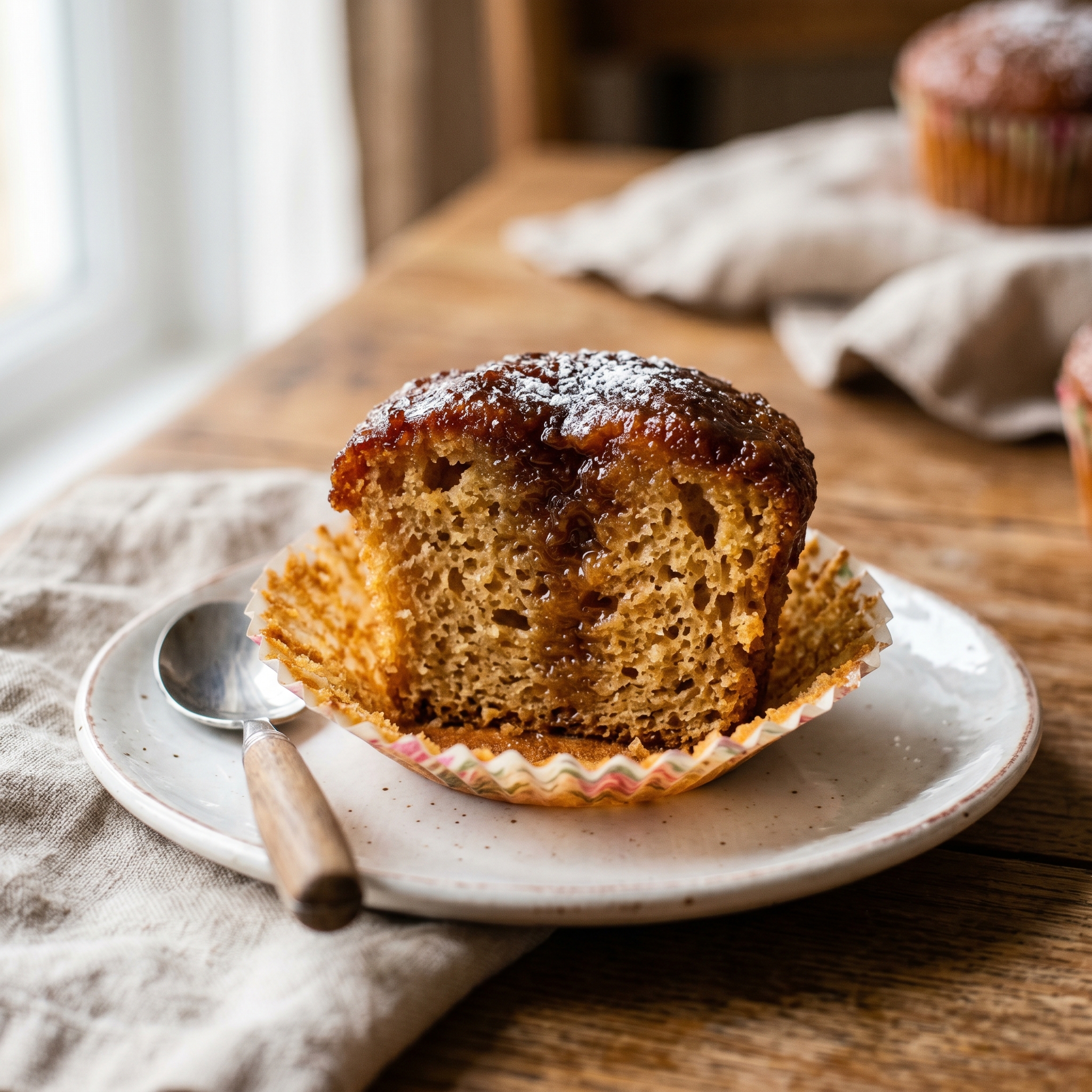 Close-up cross-section of a malva pudding cupcake showing the soft spongy crumb and caramelized sauce-soaked top