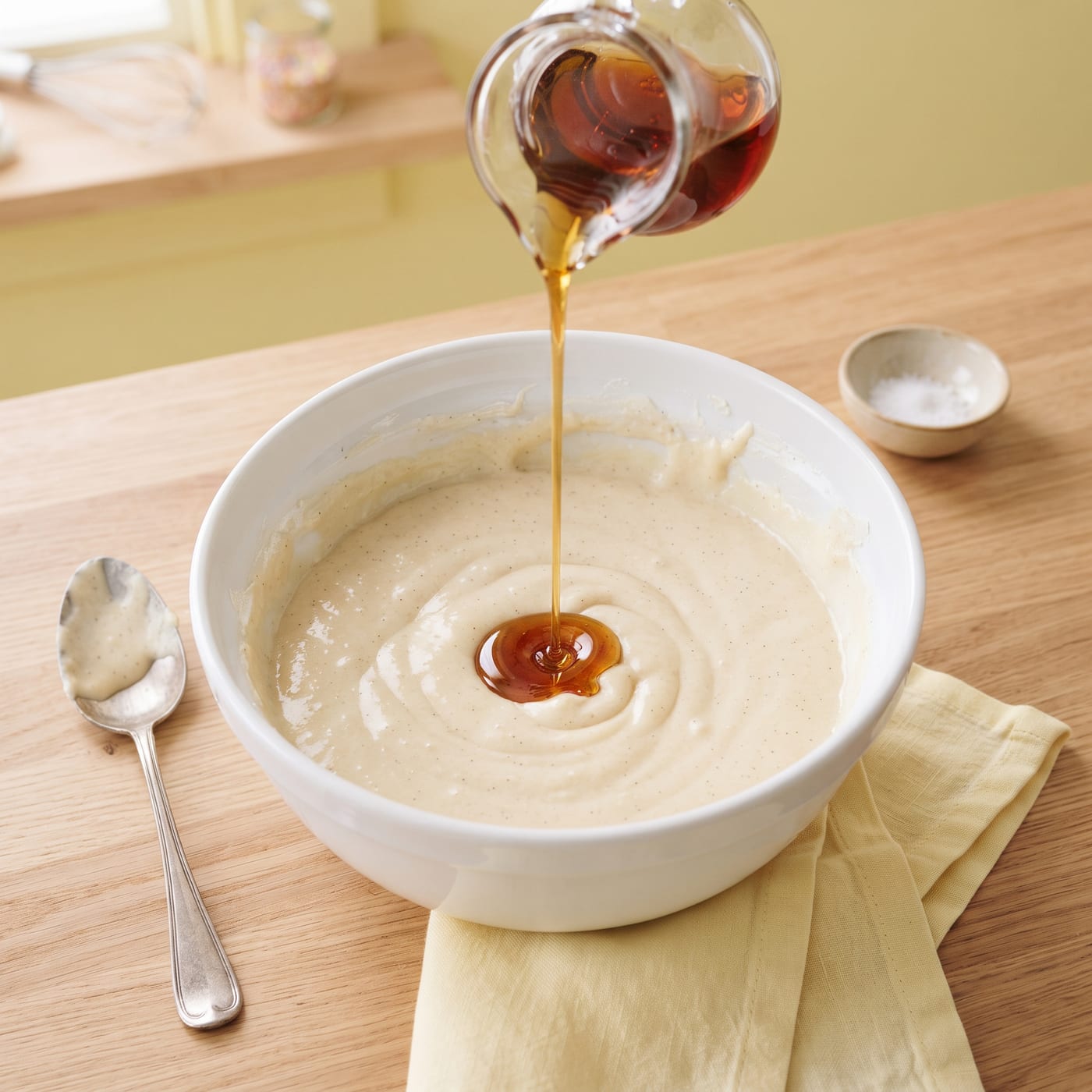 Maple syrup being poured into cupcake batter in a mixing bowl