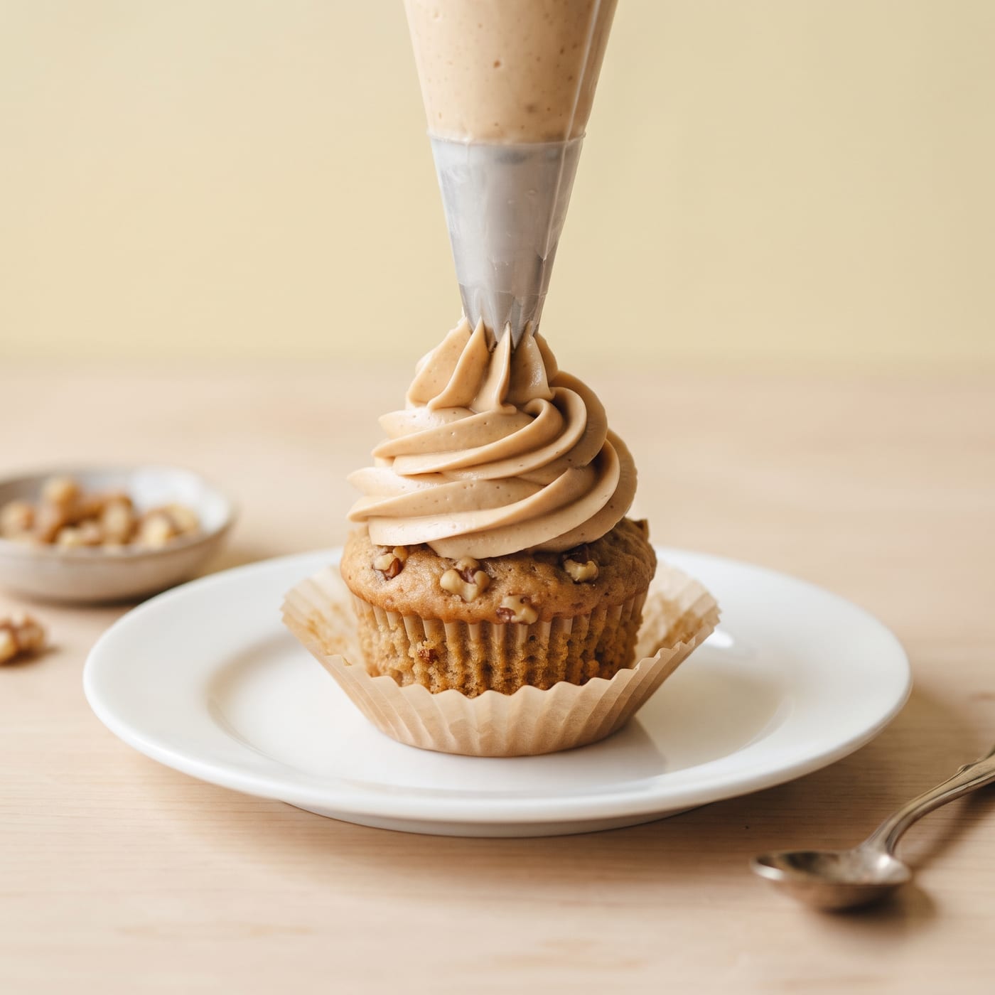 Piping maple buttercream swirl onto a cooled walnut cupcake