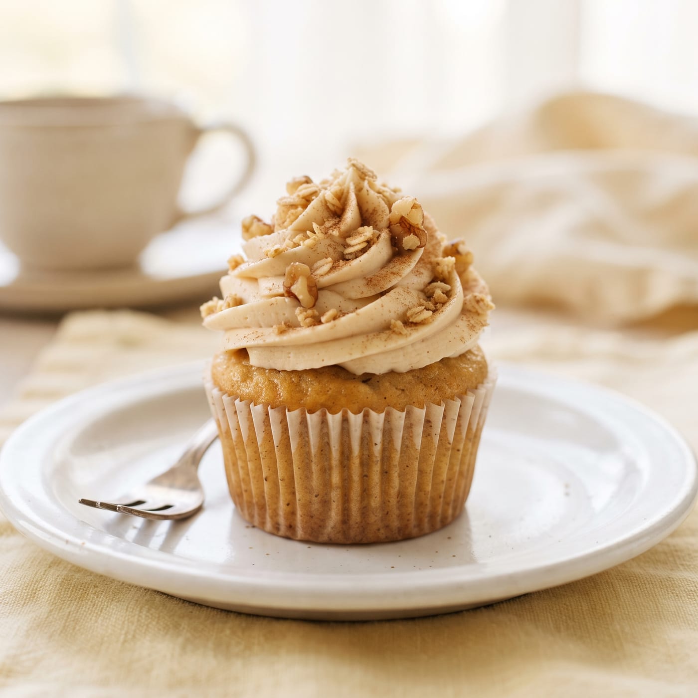 Close up of maple frosting swirl with crumble topping and chopped walnuts